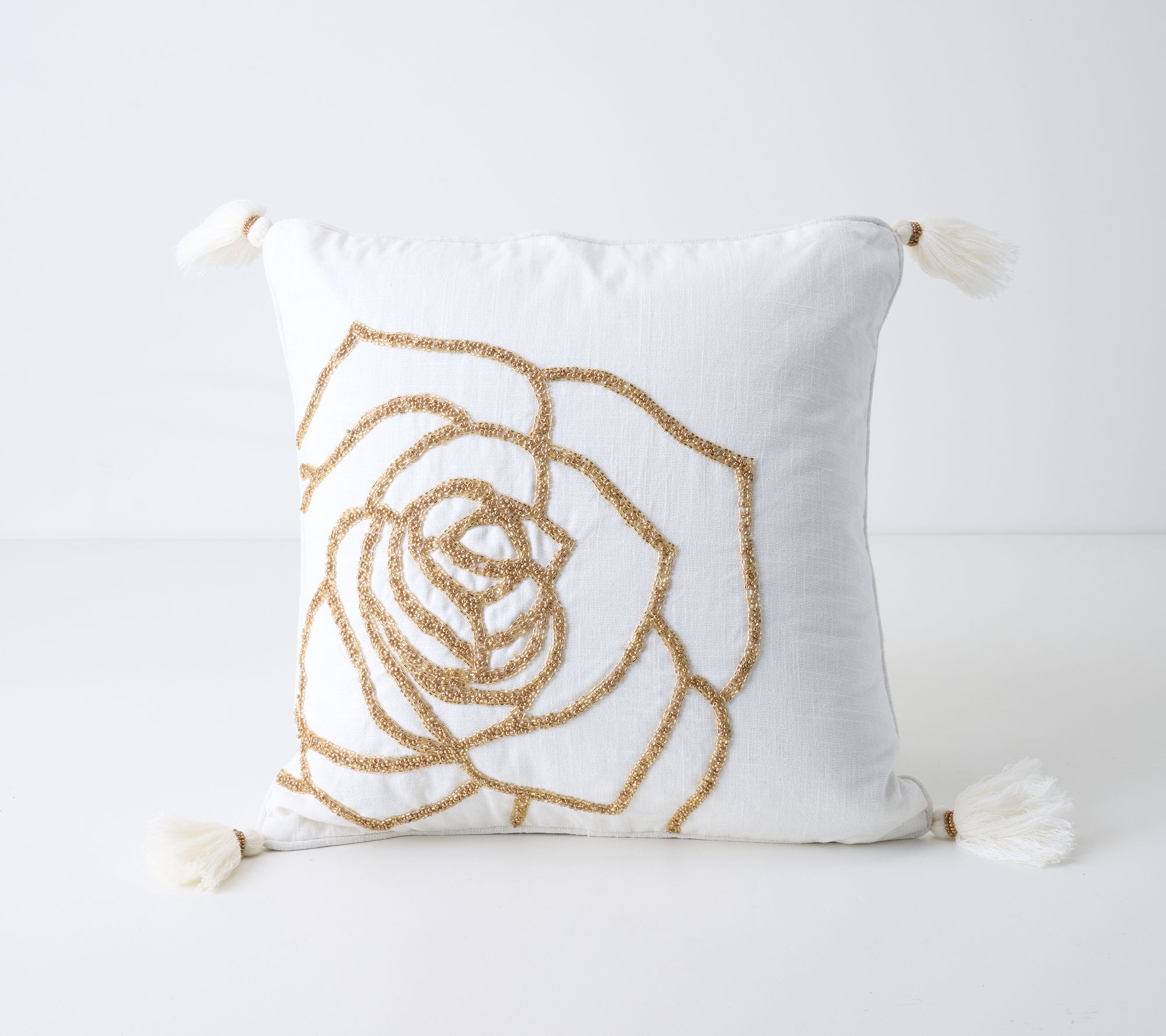 18" x 18" Beaded Rose Pillow with Tassels by Mally Roncal