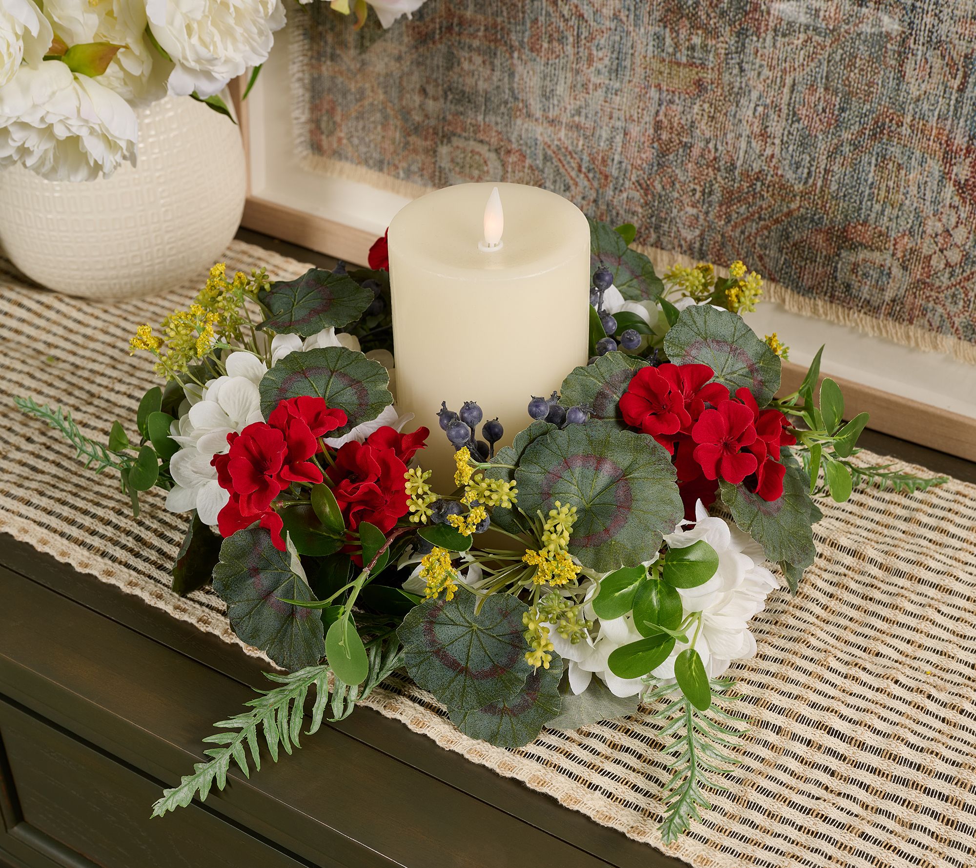 "As Is" Geranium, Hydrangea, and Berry Candle Ring by Valerie