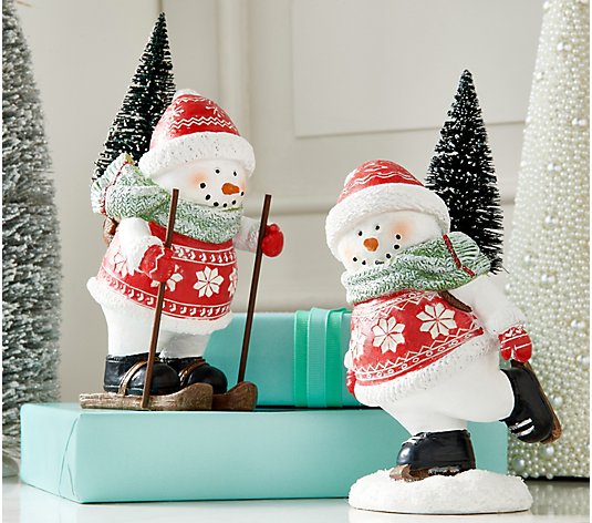 Set of 2 Skating and Skiing Snowman Figures by Valerie