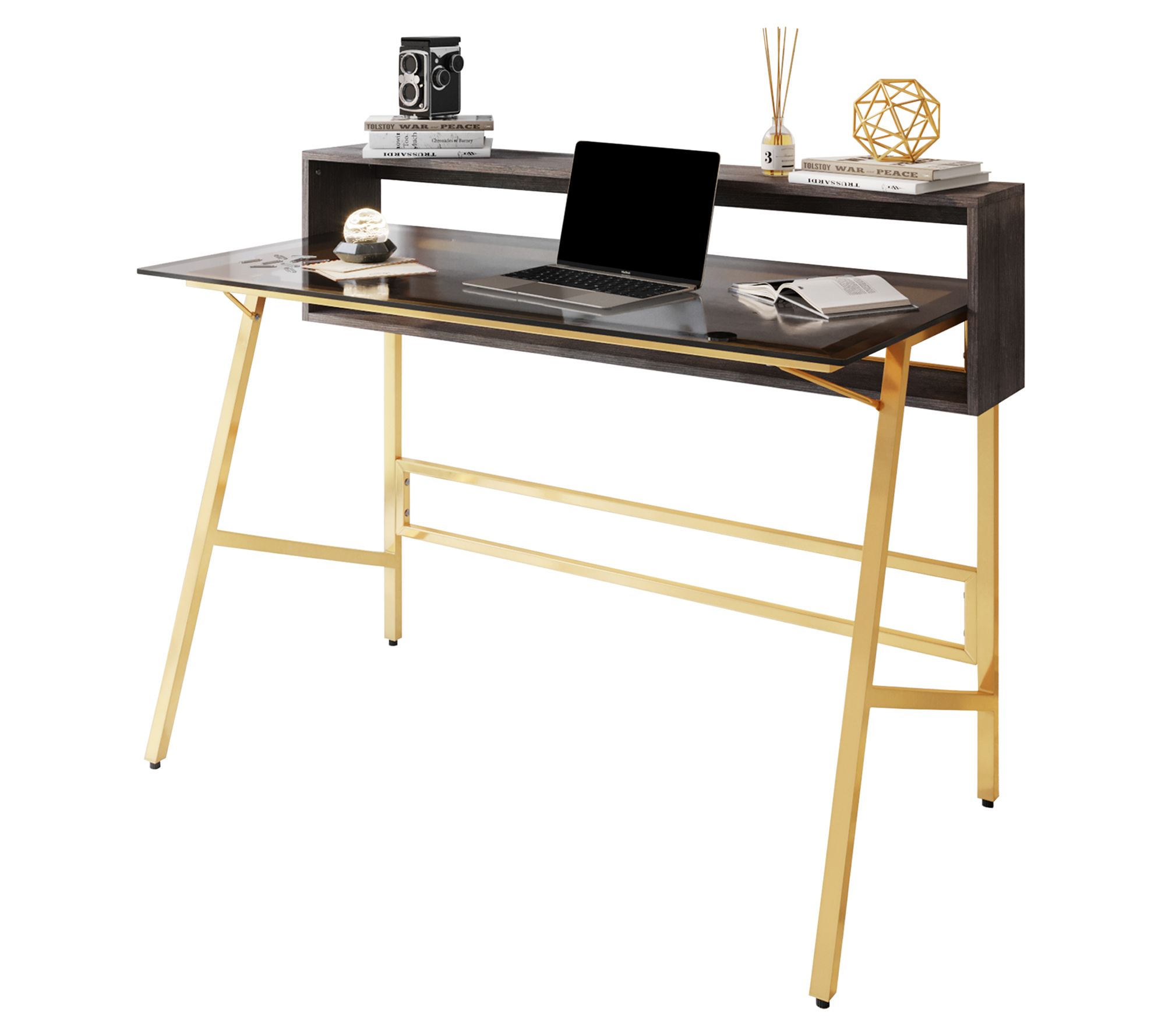 Techni Mobili White and Gold Desk for Office with Drawers & Storage