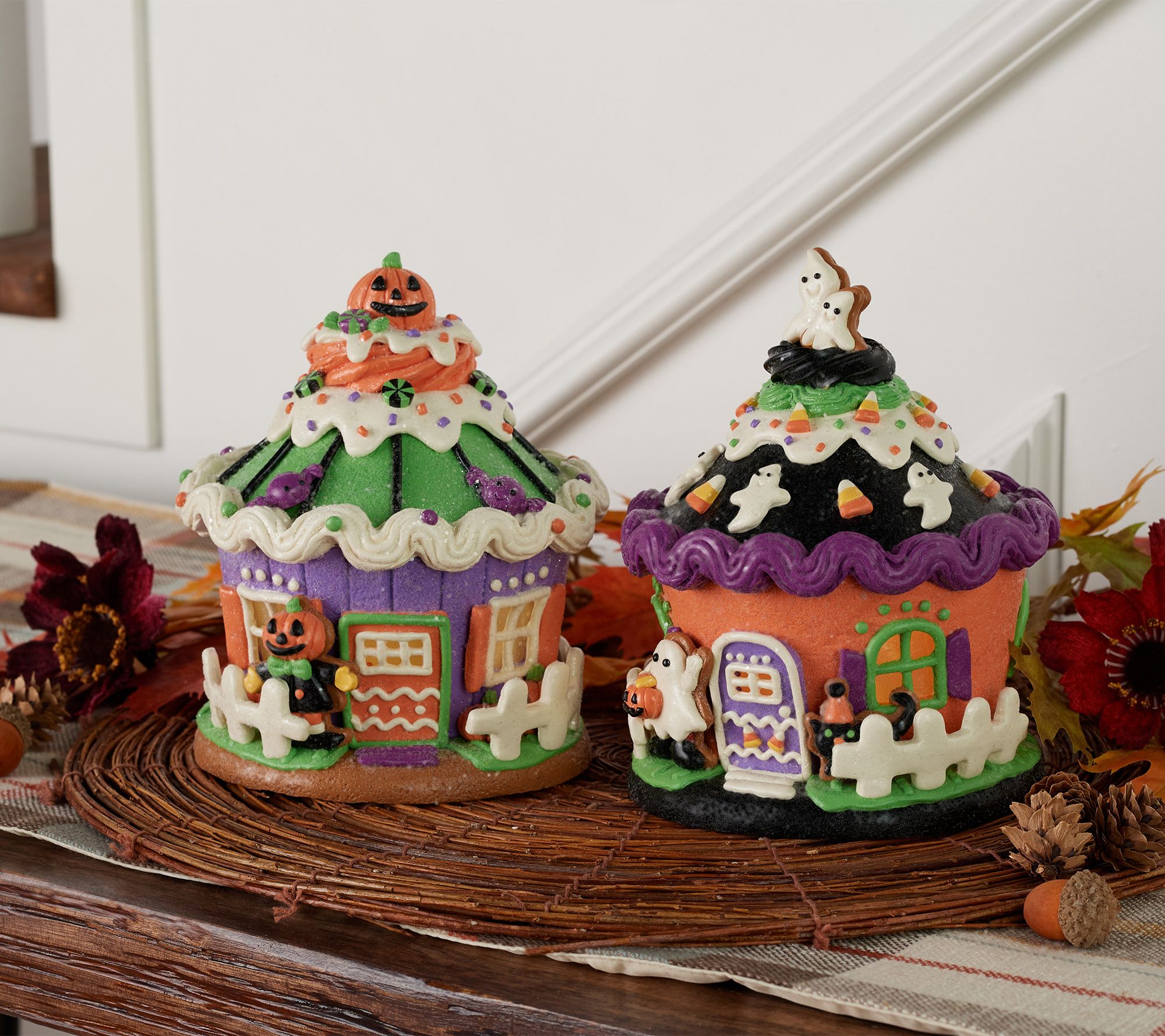 "As Is" Set of 2 Illuminated Halloween Cupcake Houses by Valerie