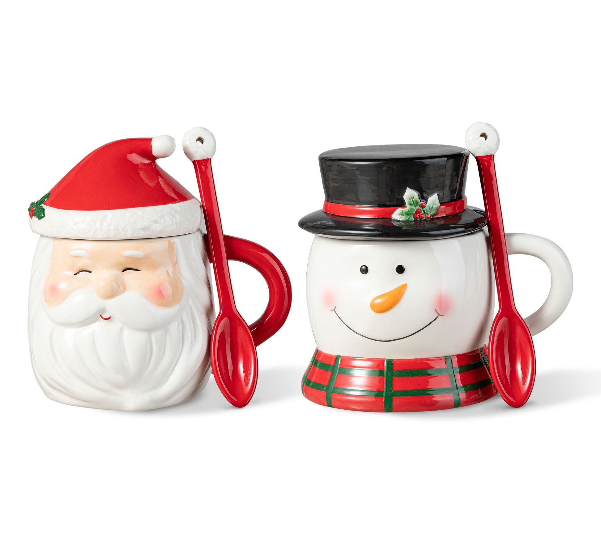 Glitzhome Christmas Santa & Snowman Mug W Lids& Spoons S/2