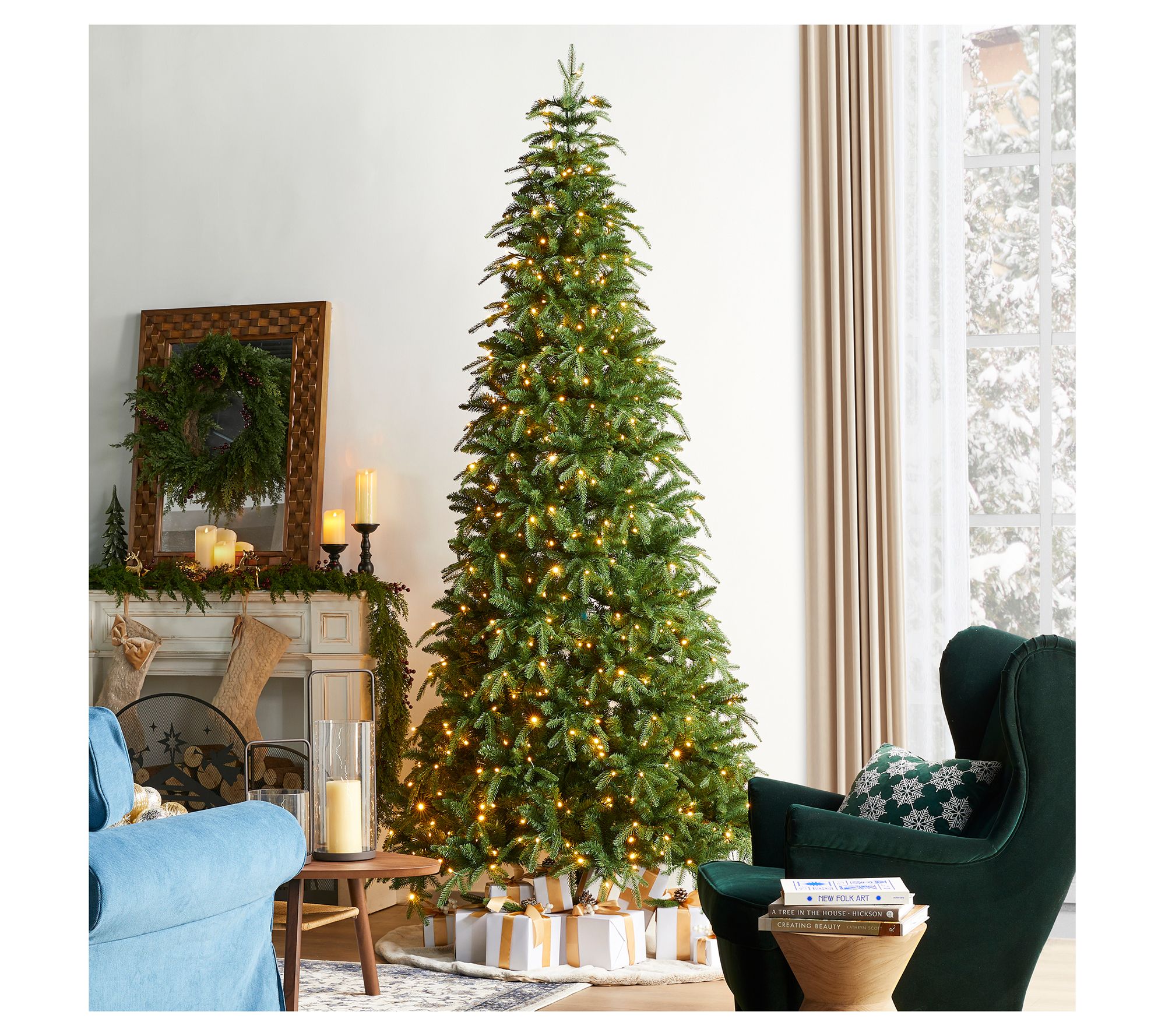 Glitzhome 9' LED Pre-Lit Green Fir Slim Faux Christmas Tree