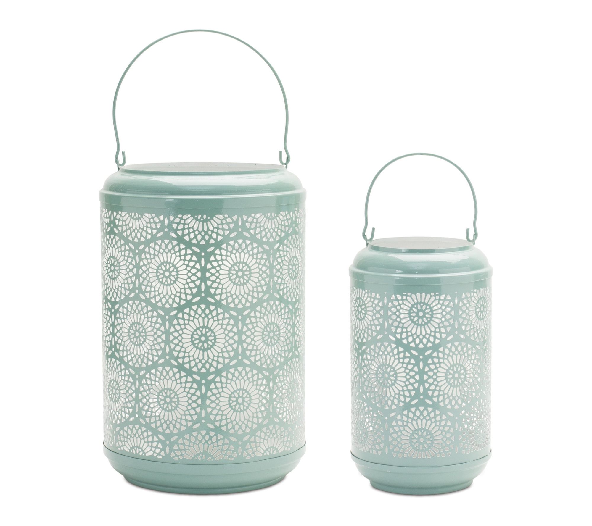 HomeRoots Set of 2 Green Metal Tabletop Lantern Holders