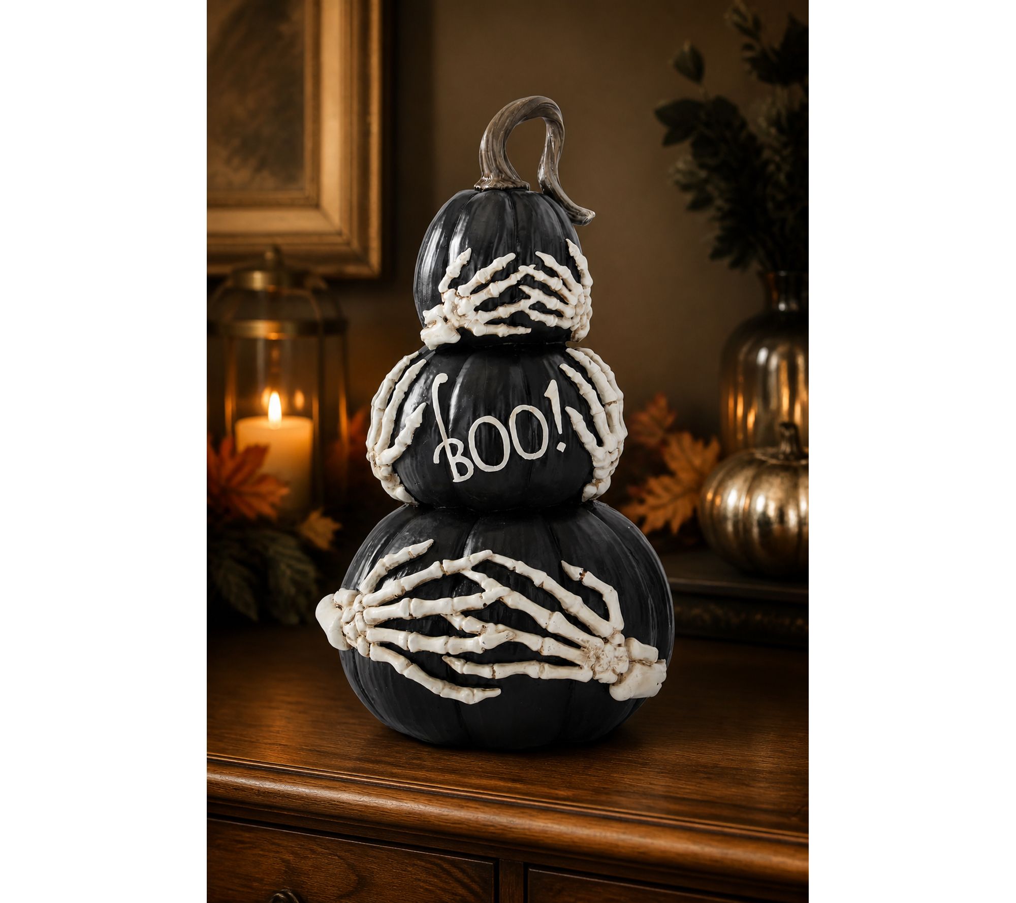 RC Home Decor 14.75"  Stacked Black Pumpkins w/Skeleton Hands