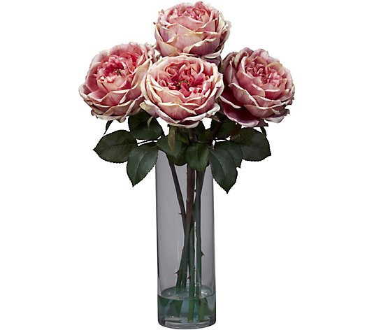 Fancy Rose Vase Silk Flower Arrangement by Nearly Natural