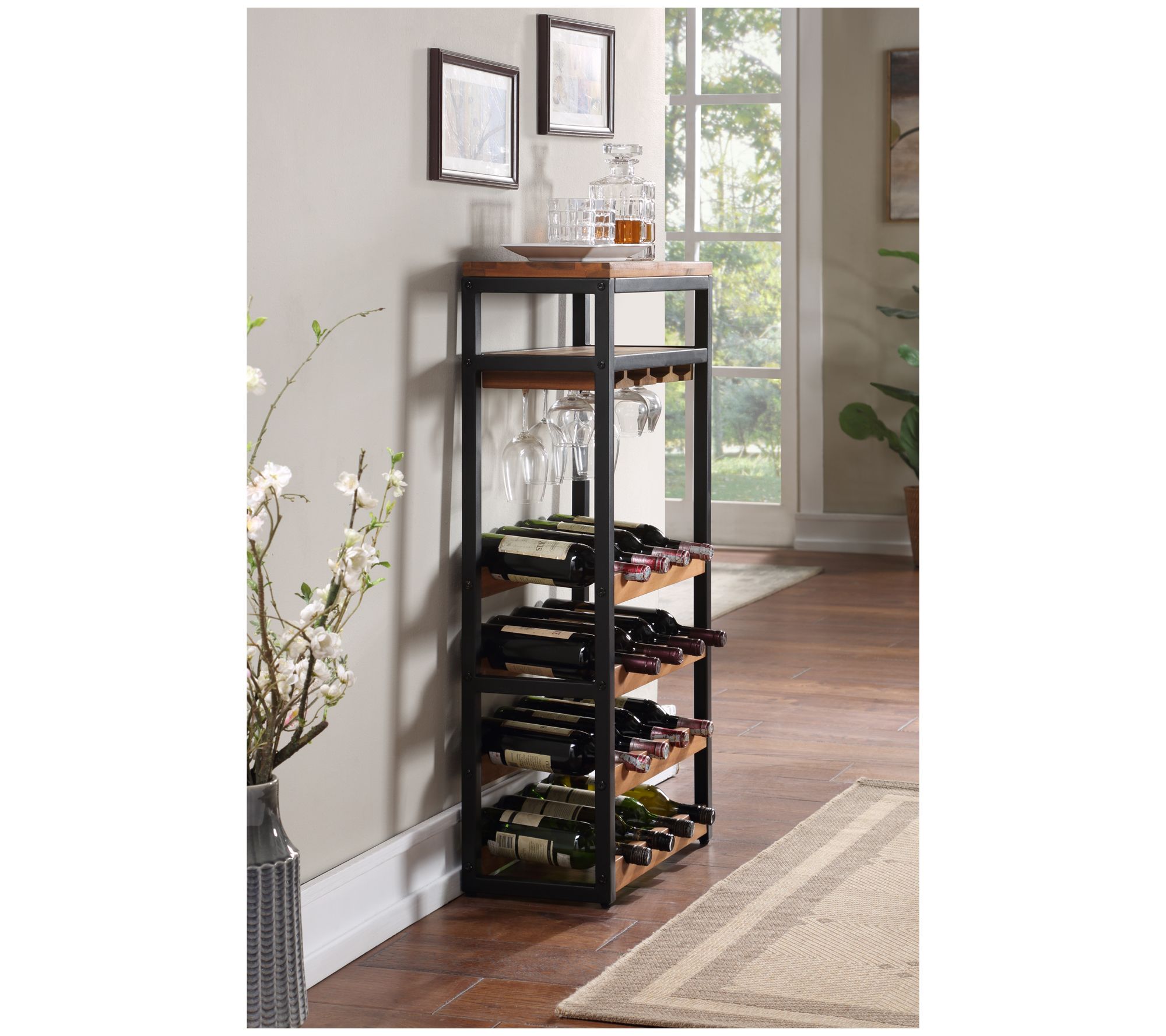 None Black Metal Finish and Vintage Brown Top with 15 Bottle Holder Wine Organizer Rack with Shelf Kitchen and Wine Glass Holder