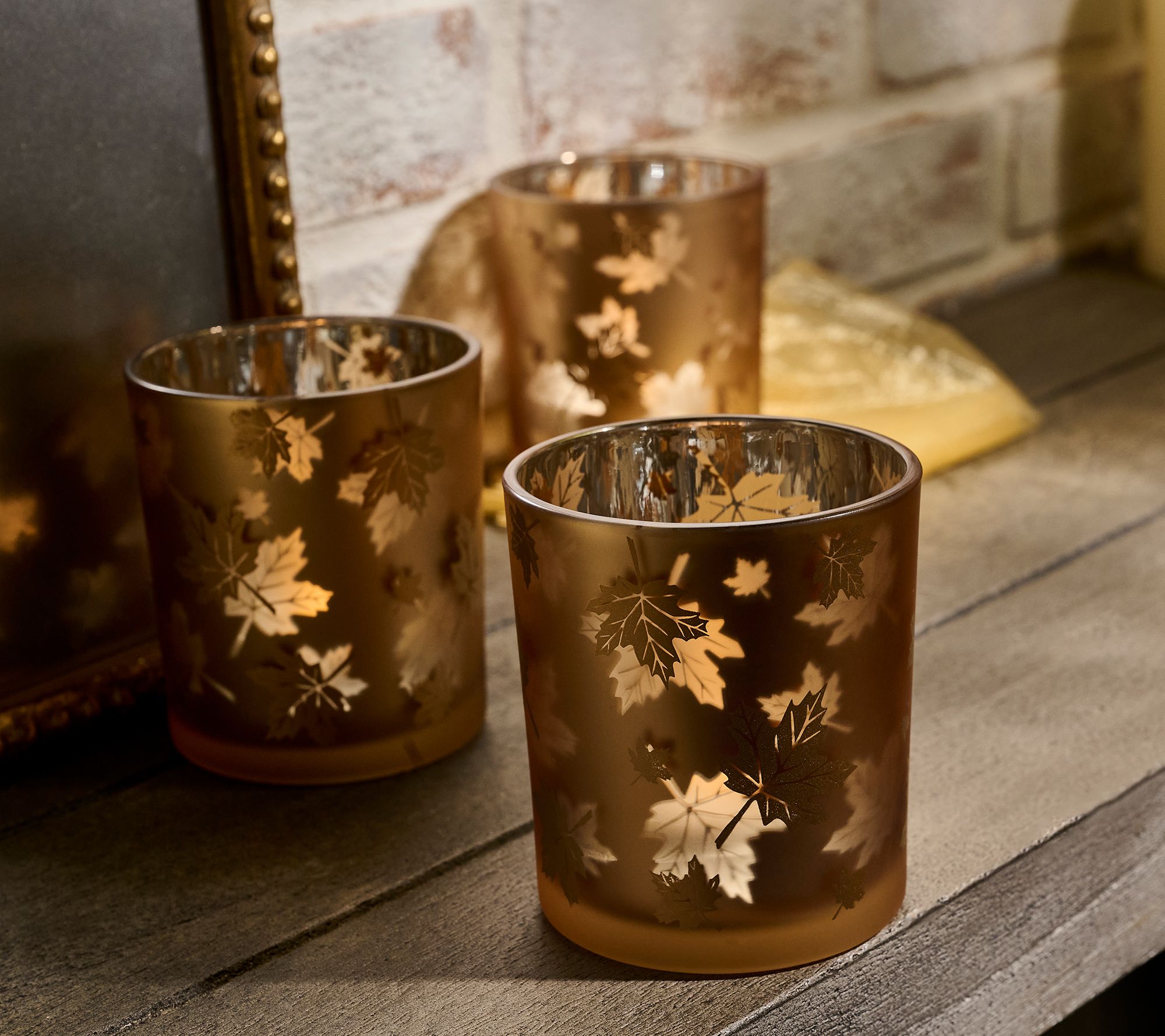 S/3 Illuminated Autumn Leaves Glass Votives w/ Sheer Bags by Valerie