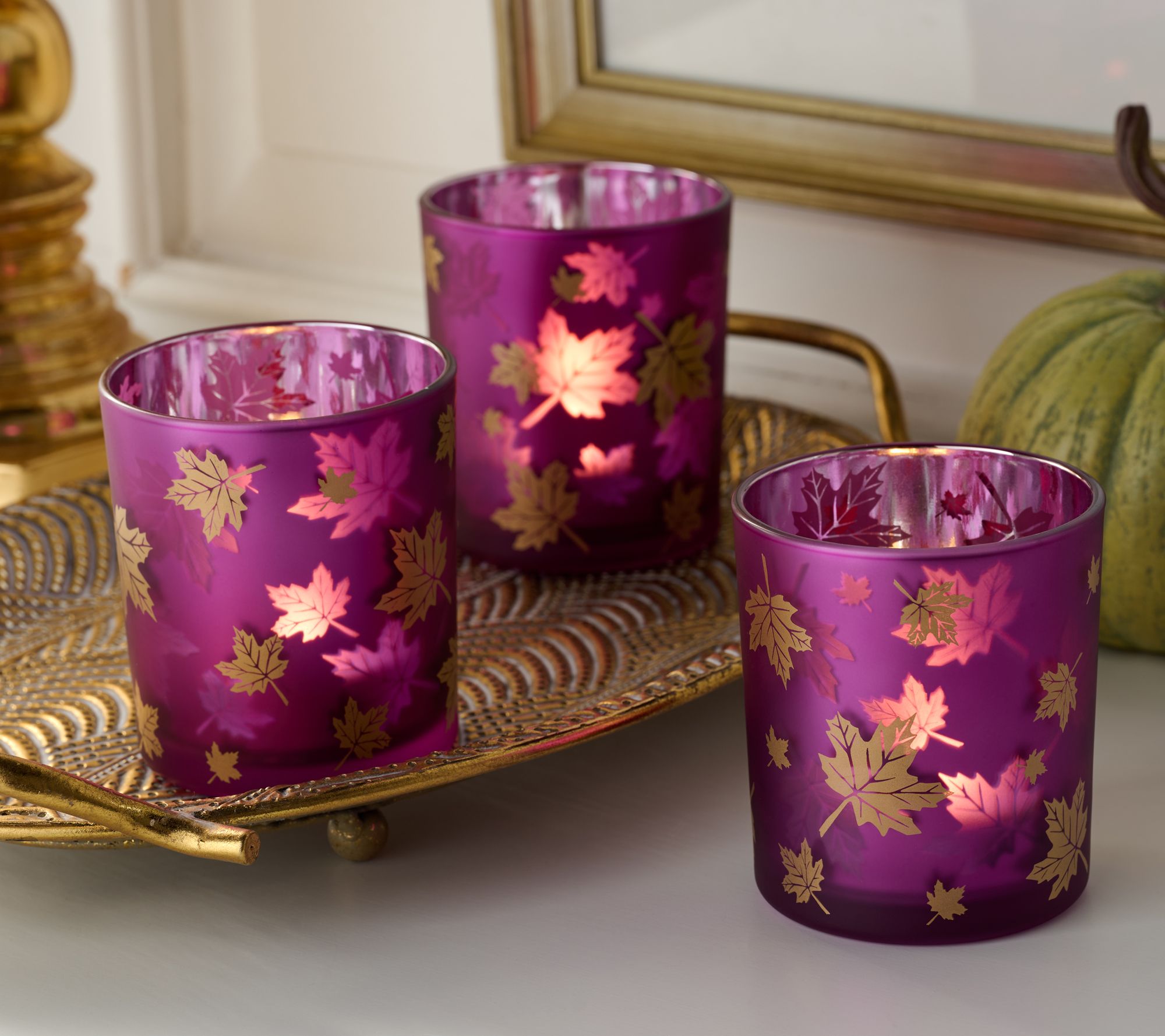S/3 Illuminated Autumn Leaves Glass Votives w/ Sheer Bags by Valerie
