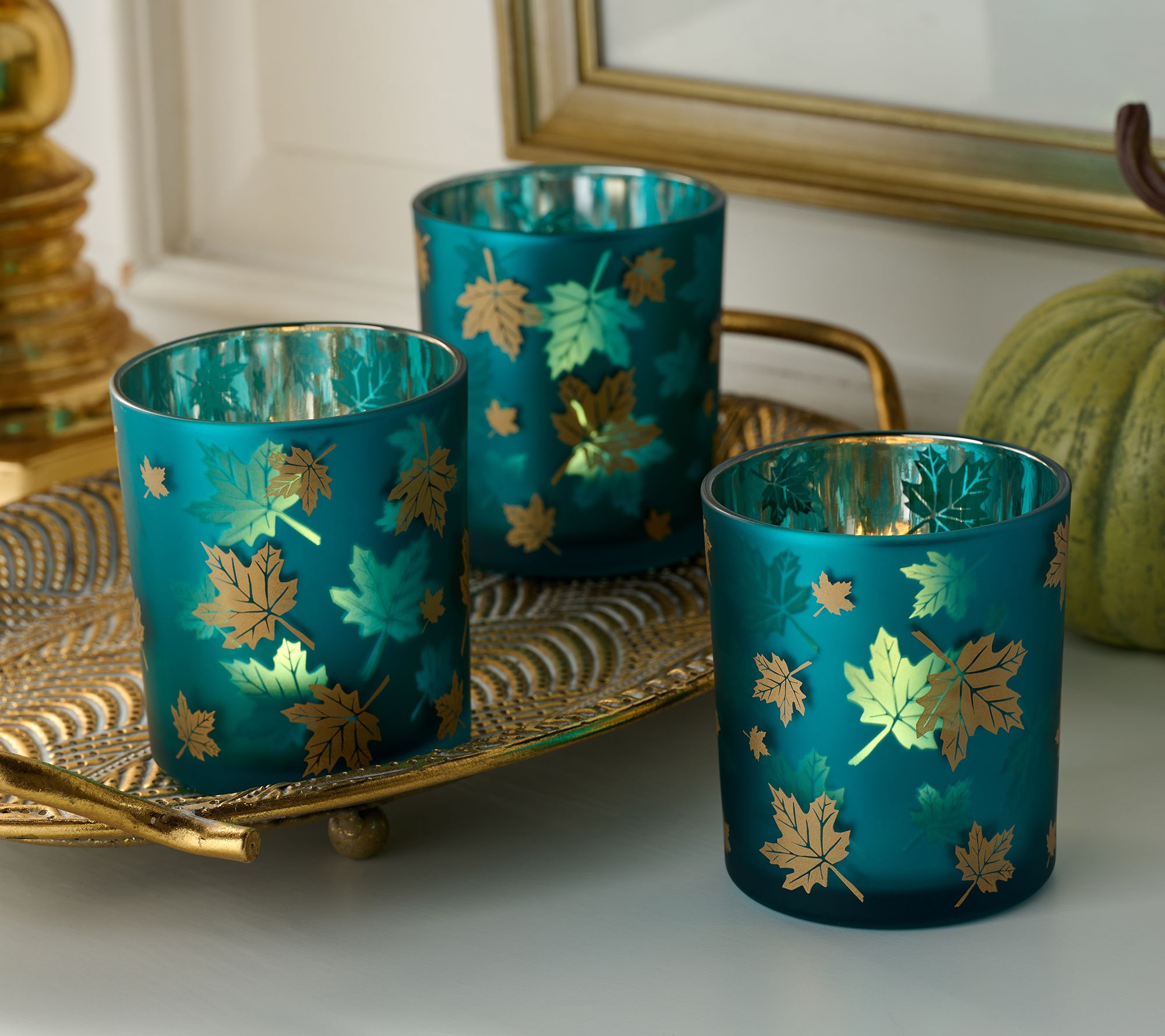 S/3 Illuminated Autumn Leaves Glass Votives w/ Sheer Bags by Valerie