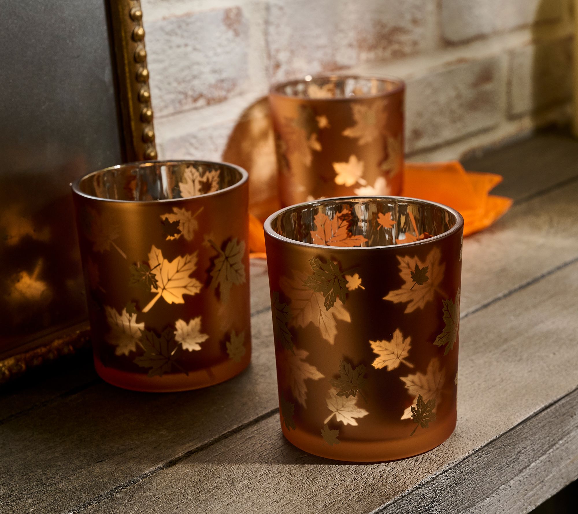 S/3 Illuminated Autumn Leaves Glass Votives w/ Sheer Bags by Valerie