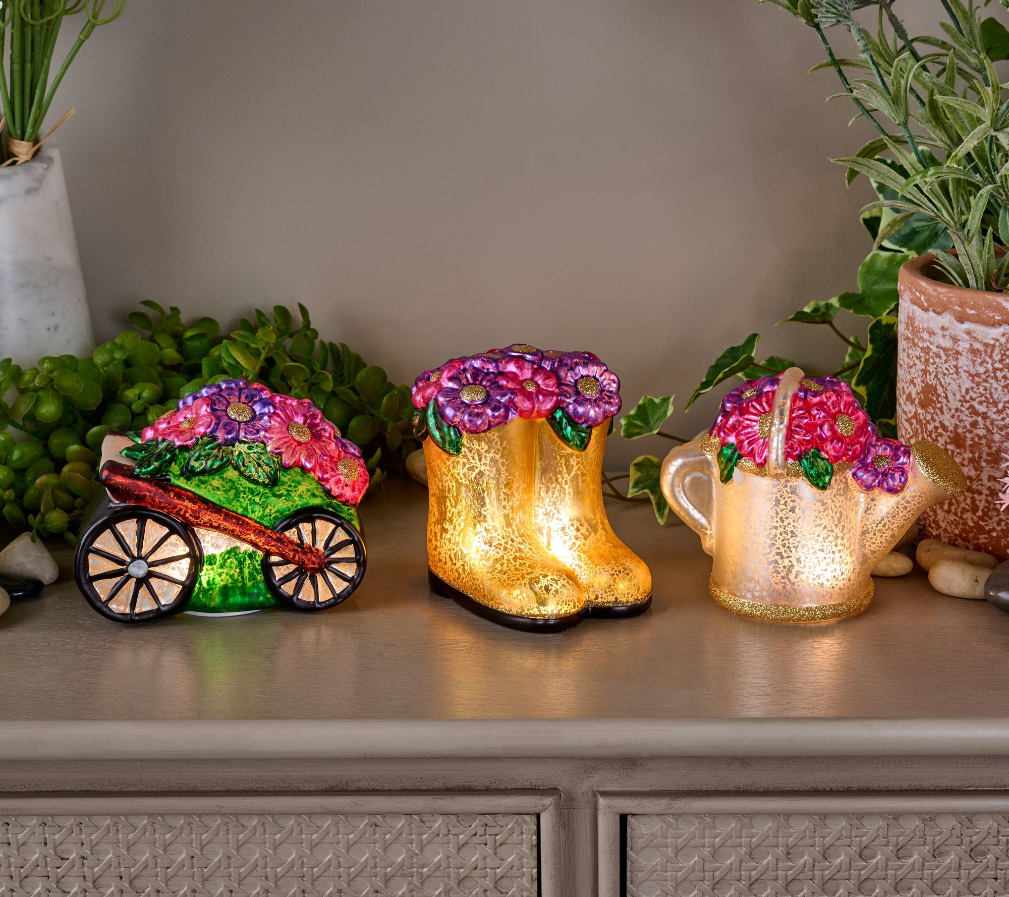Set of 3 Illuminated Mercury Glass Garden Icons By Valerie