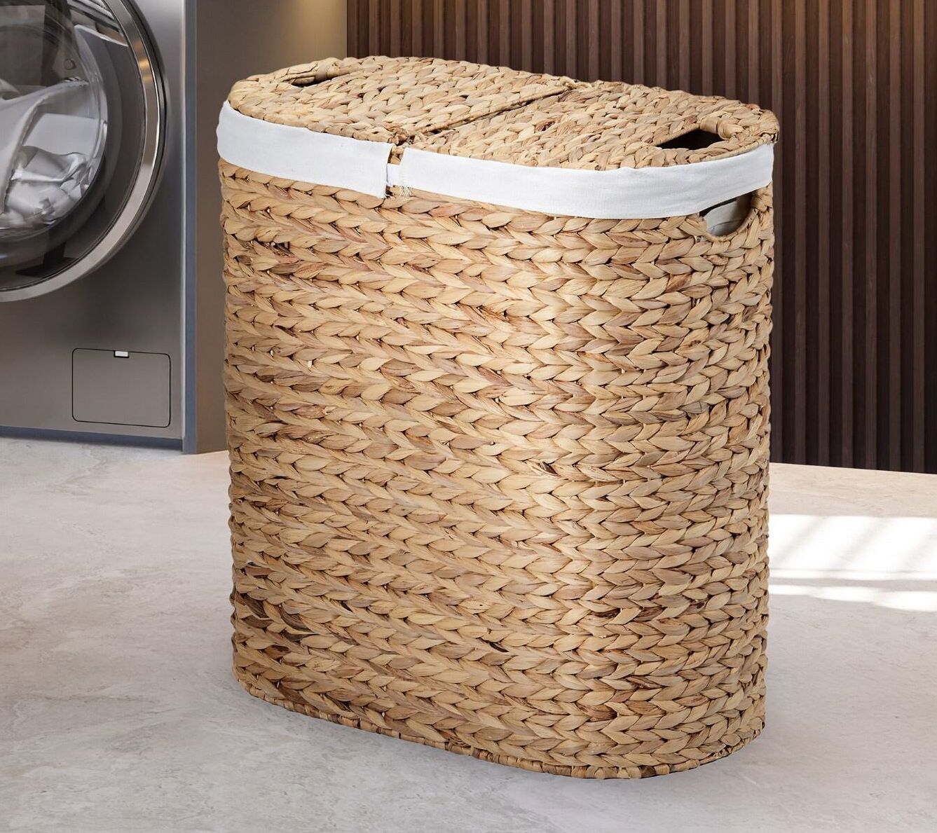 Seville Classics Handwoven Oval Double Laundry Hamper
