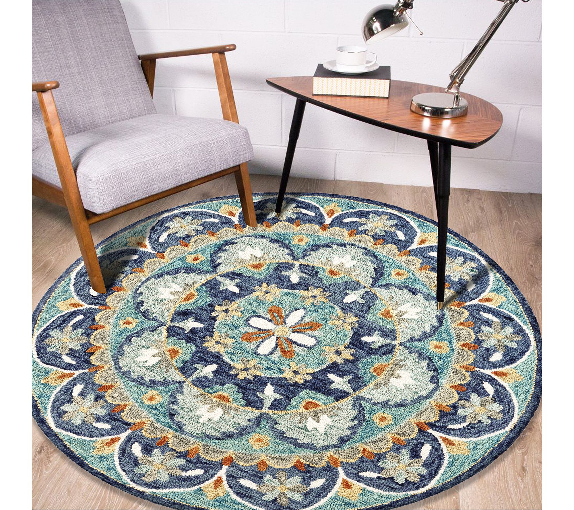 Ox Bay Teal/Blue Floral Medallion Wool Indoor 4' Round Rug