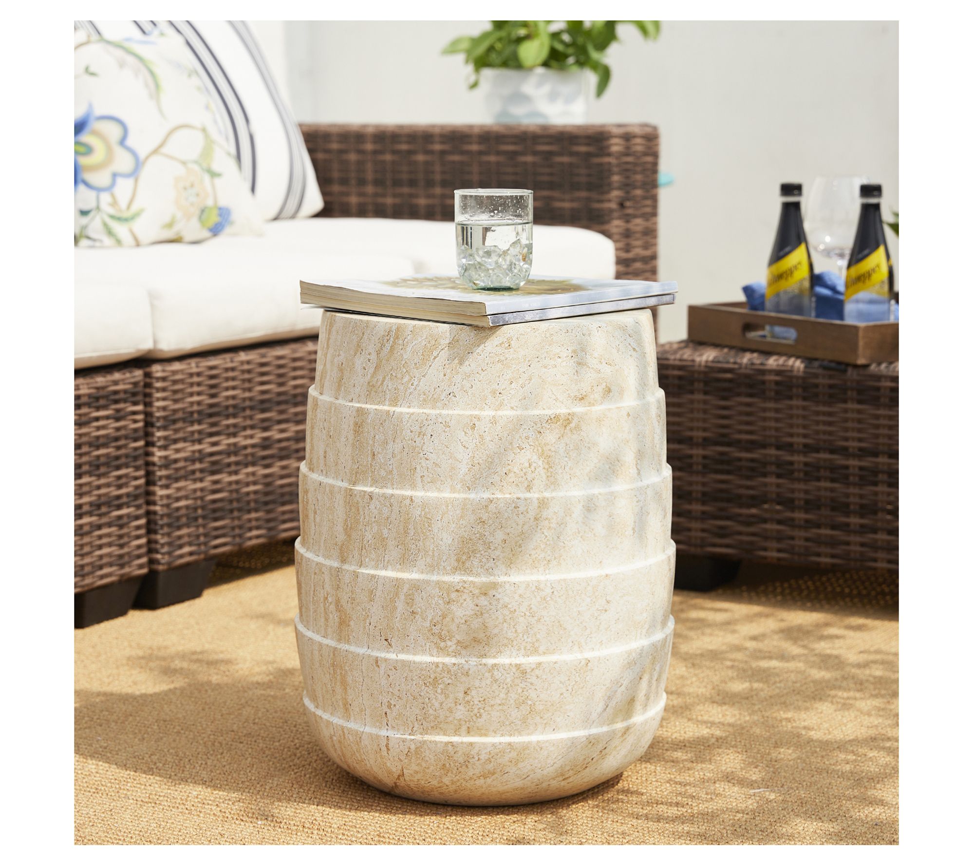 Glitzhome 19" Barrel Style Faux Travertine Garden Stool/Table - QVC.com