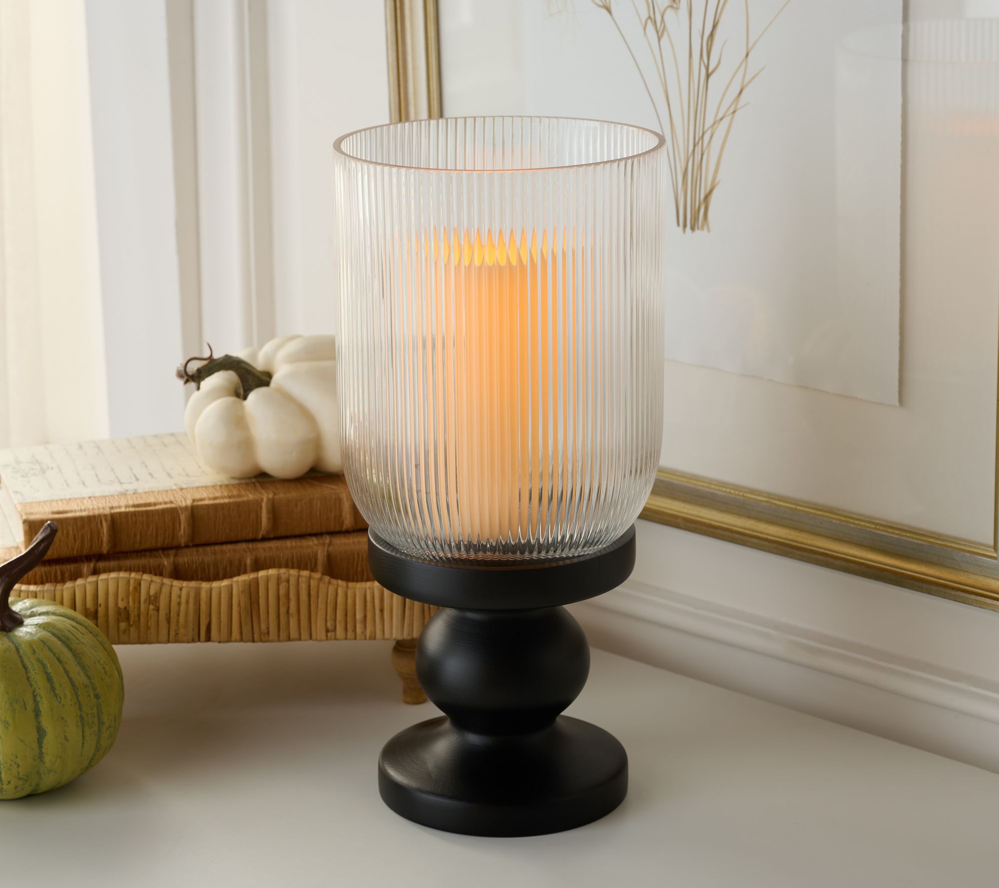 14" Illuminated Ribbed Glass Hurricane with Base by Valerie
