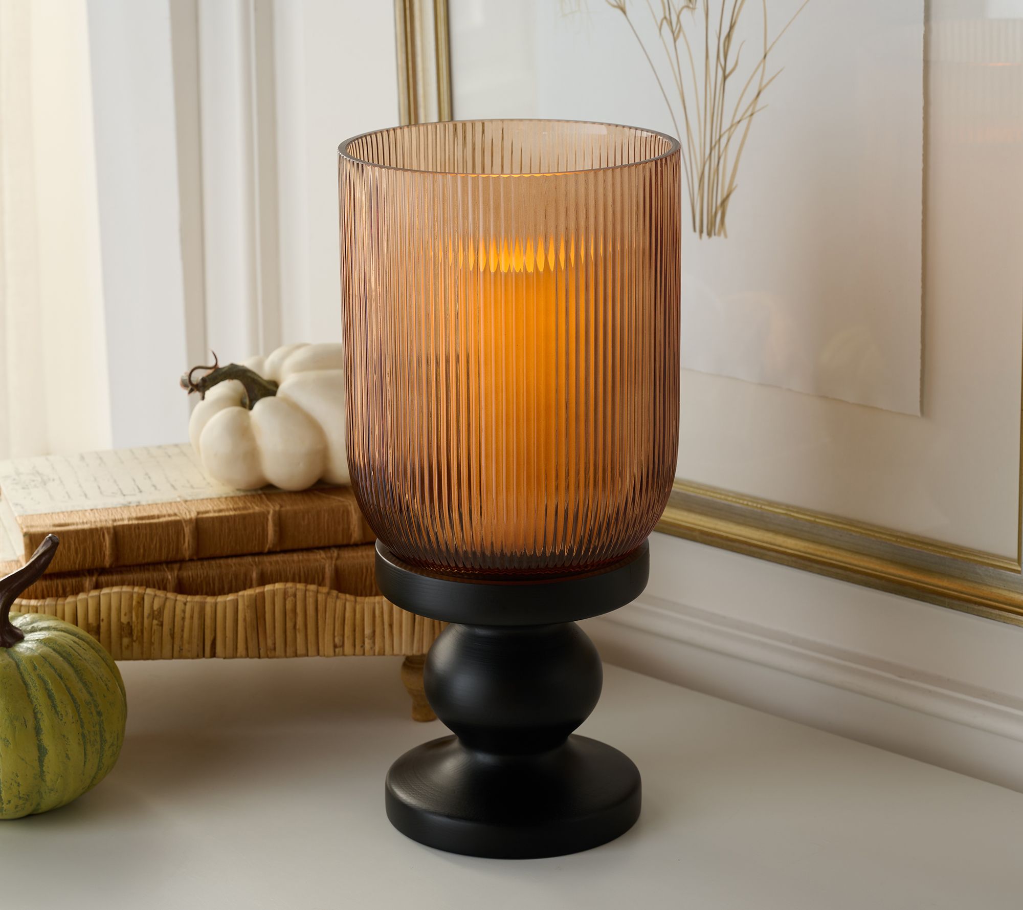 14" Illuminated Ribbed Glass Hurricane with Base by Valerie