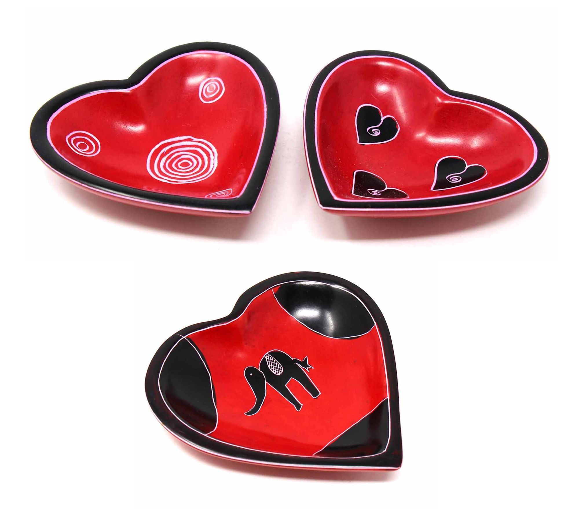 Global Crafts S/3 Small Soapstone Heart Bowls w/ Mixed Designs