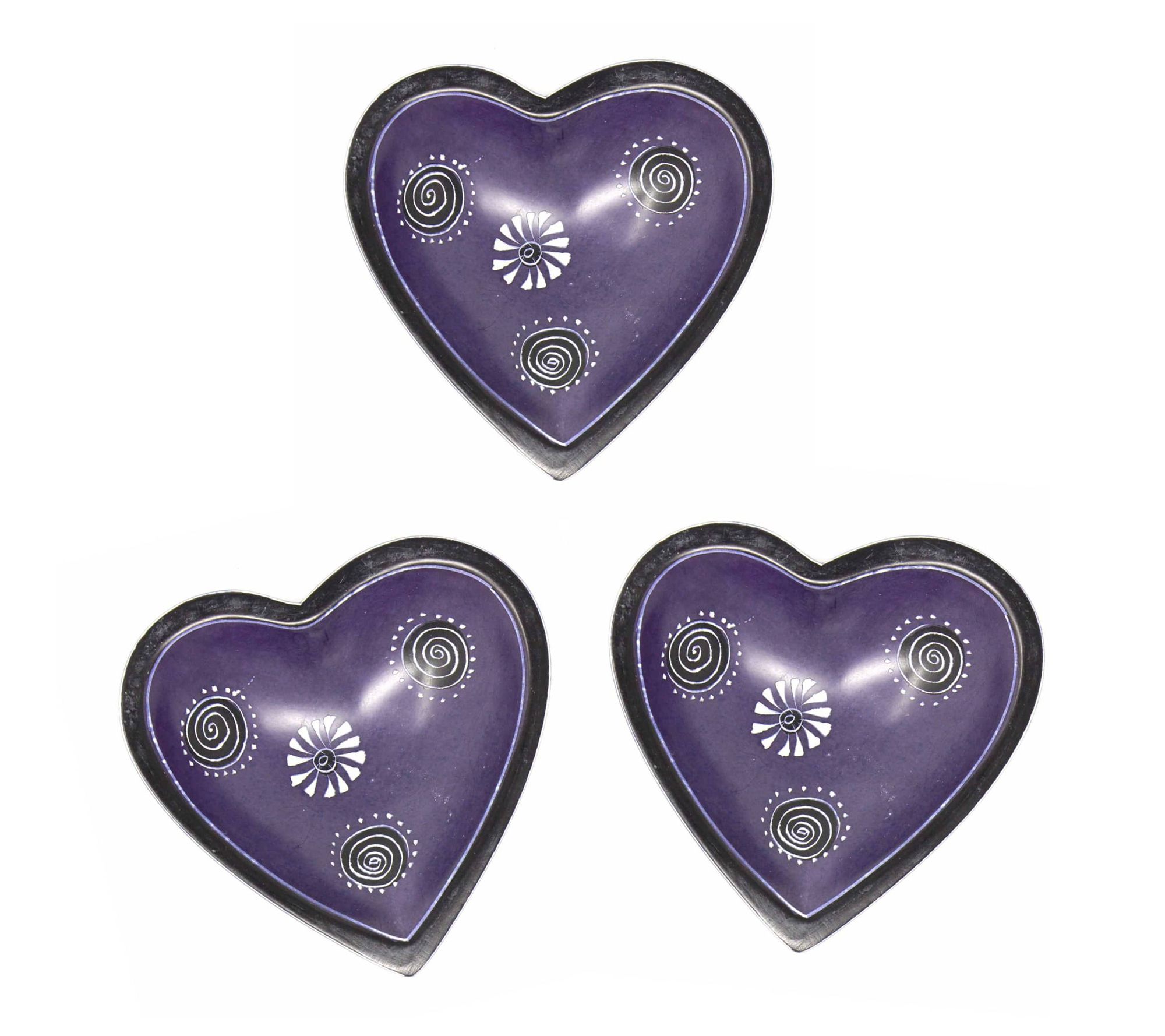 Global Crafts S/3 Small Soapstone Heart Bowls w/ Mixed Designs