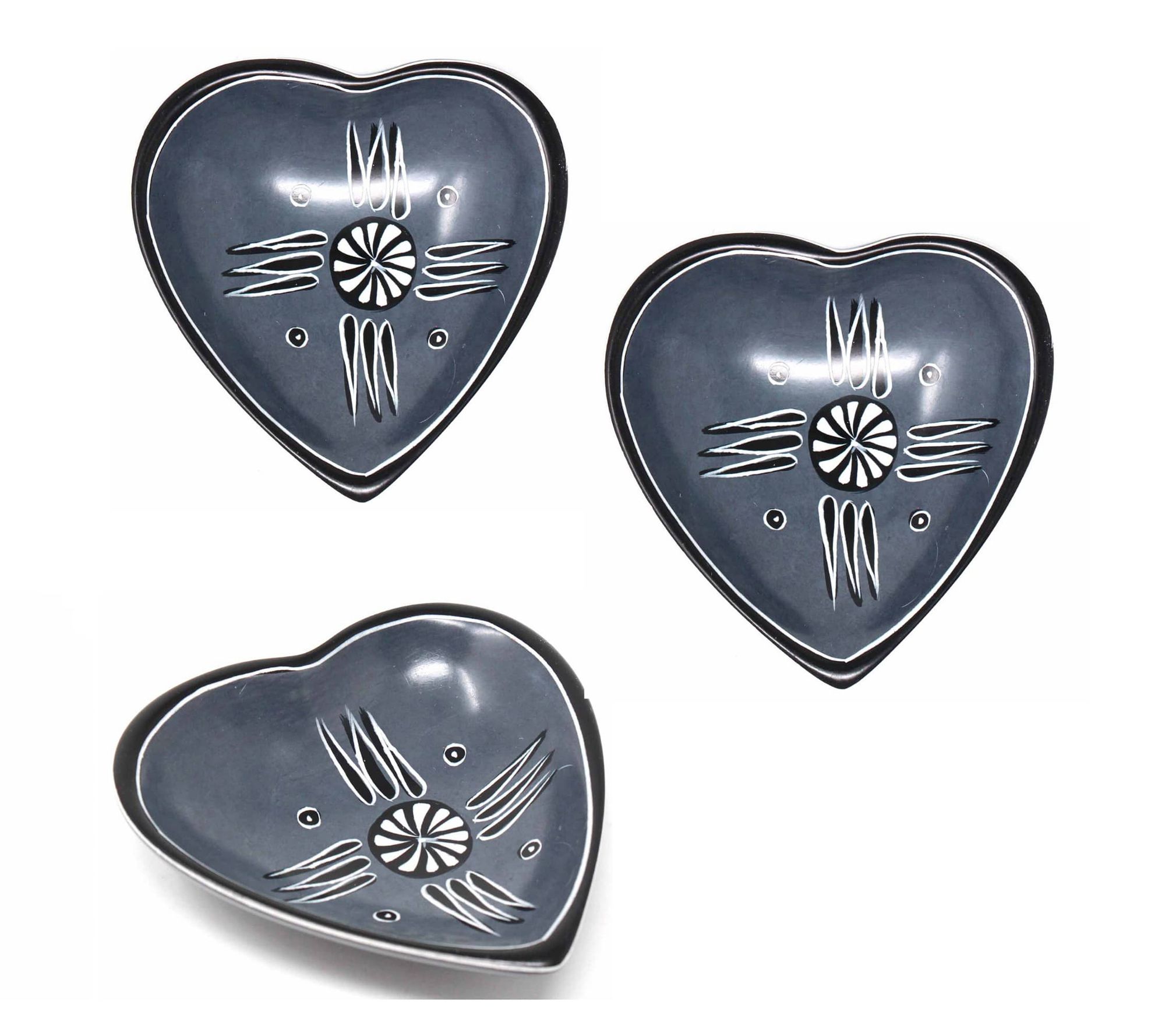 Global Crafts S/3 Small Soapstone Heart Bowls w/ Mixed Designs