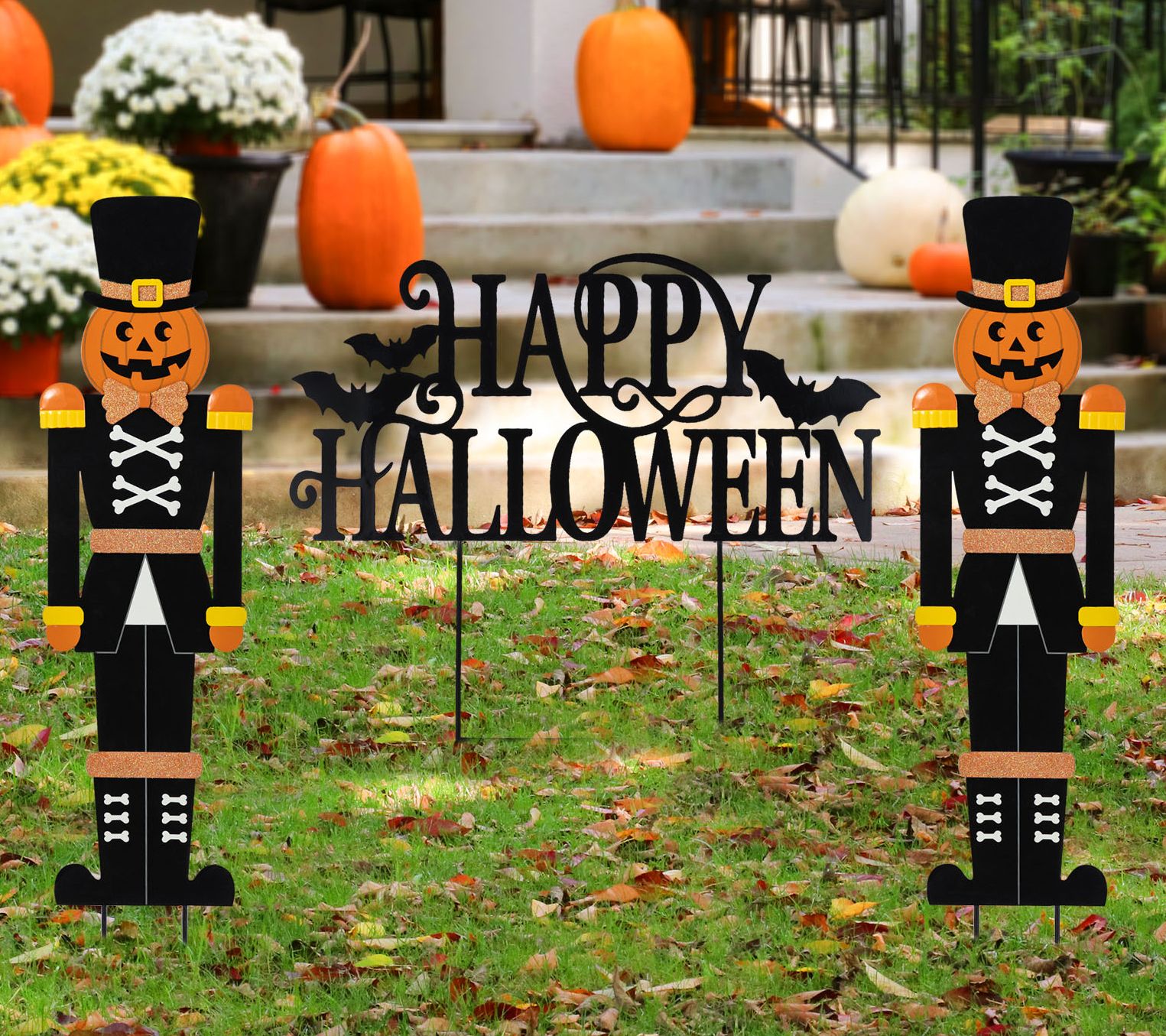 Glitzhome "HAPPY HALLOWEEN" and Nutcracker Garden Stakes S/3