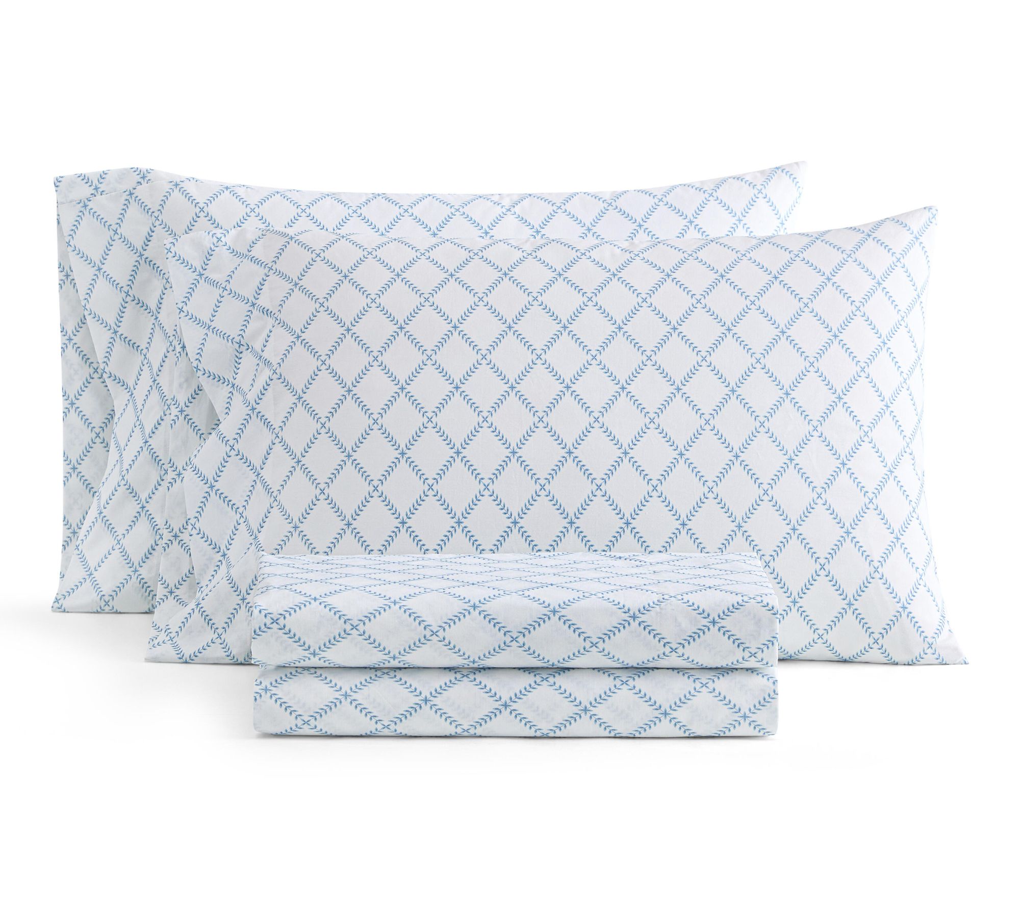 Martha Stewart Leaf Trellis White/Blue Cotton Queen Sheet Set