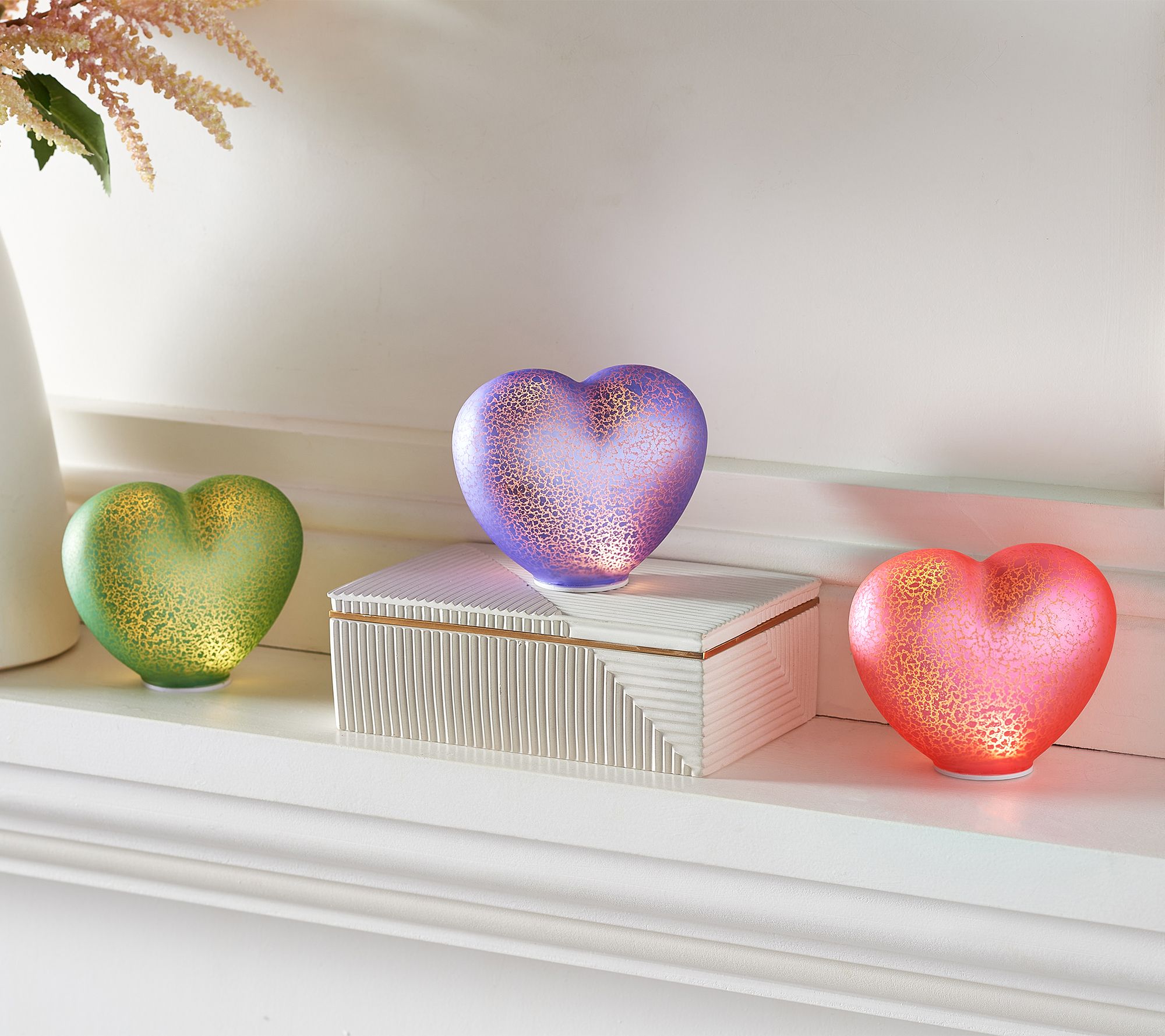 Set 3 Illuminated PINK Frost Glass Hearts by Valerie Parr Hill