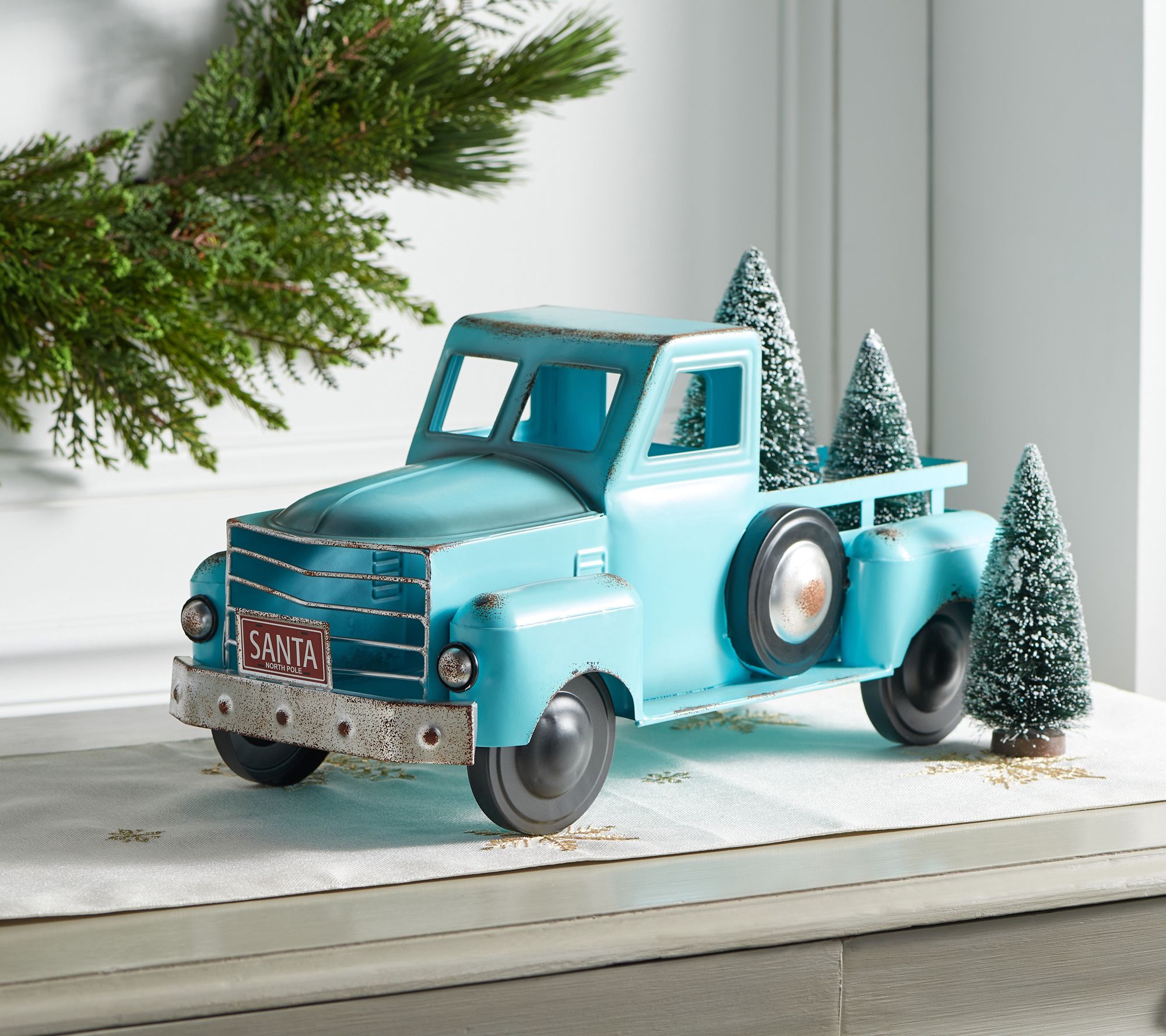 Iron Christmas Old Style Truck with Tree in Antique Blue