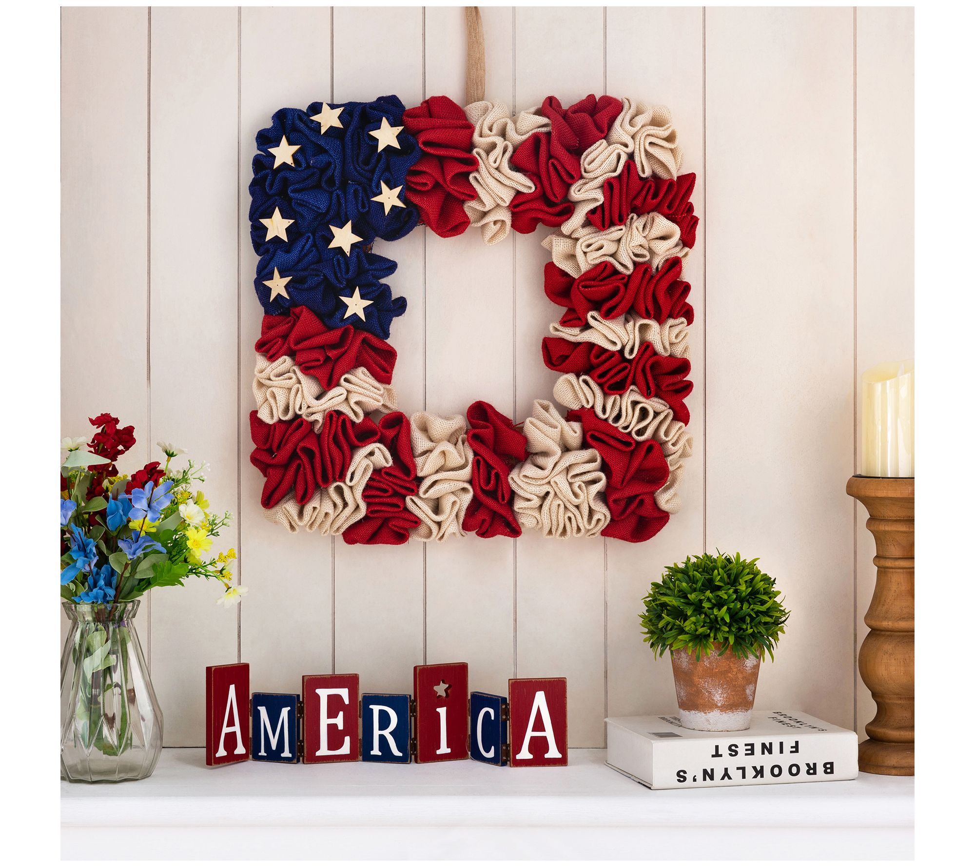 Glitzhome Americana Stars and Stripes Fabric Flag Wreath - QVC.com