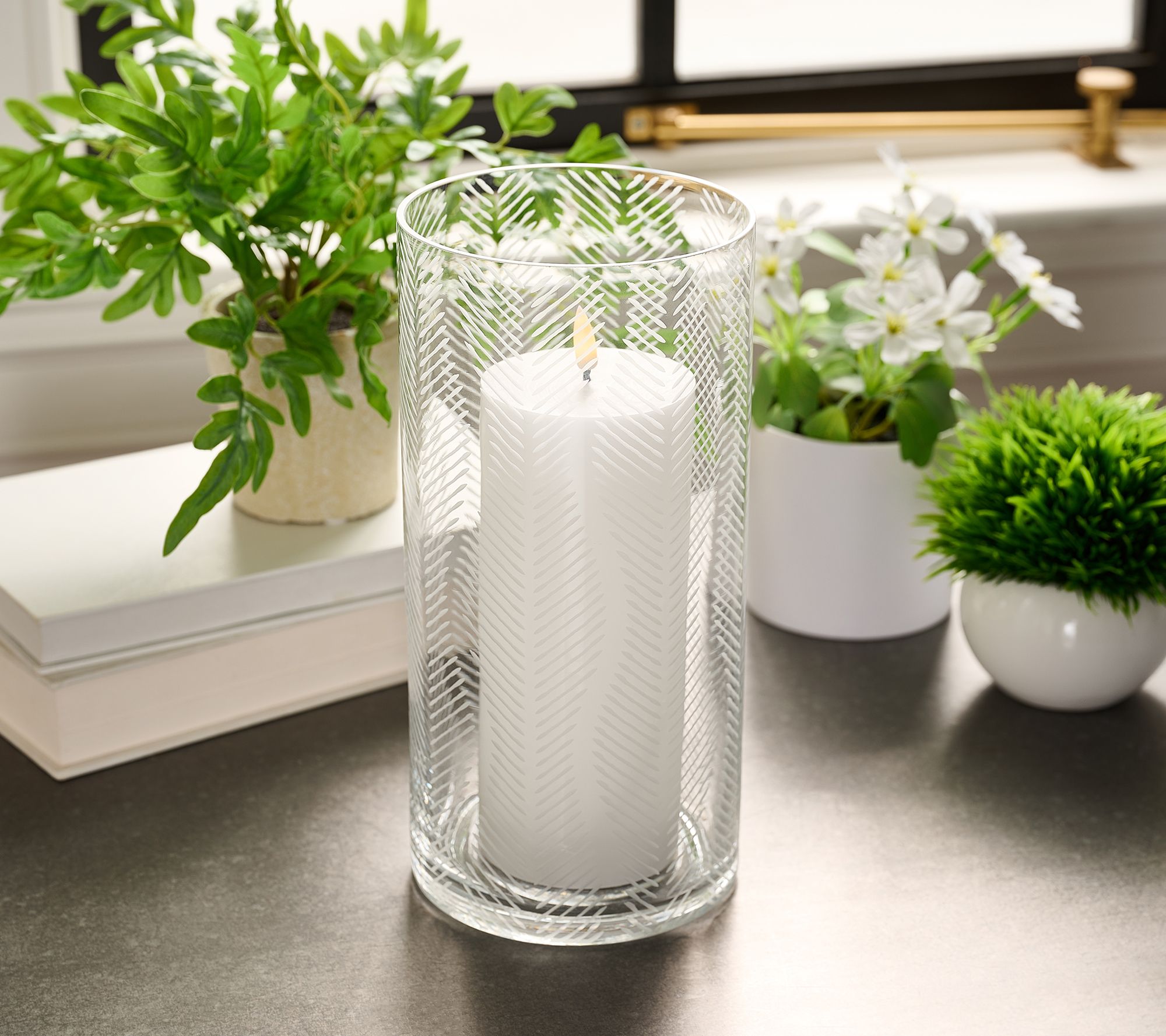 Lightscapes Large Etched Glass Hurricane with Flameless Candle