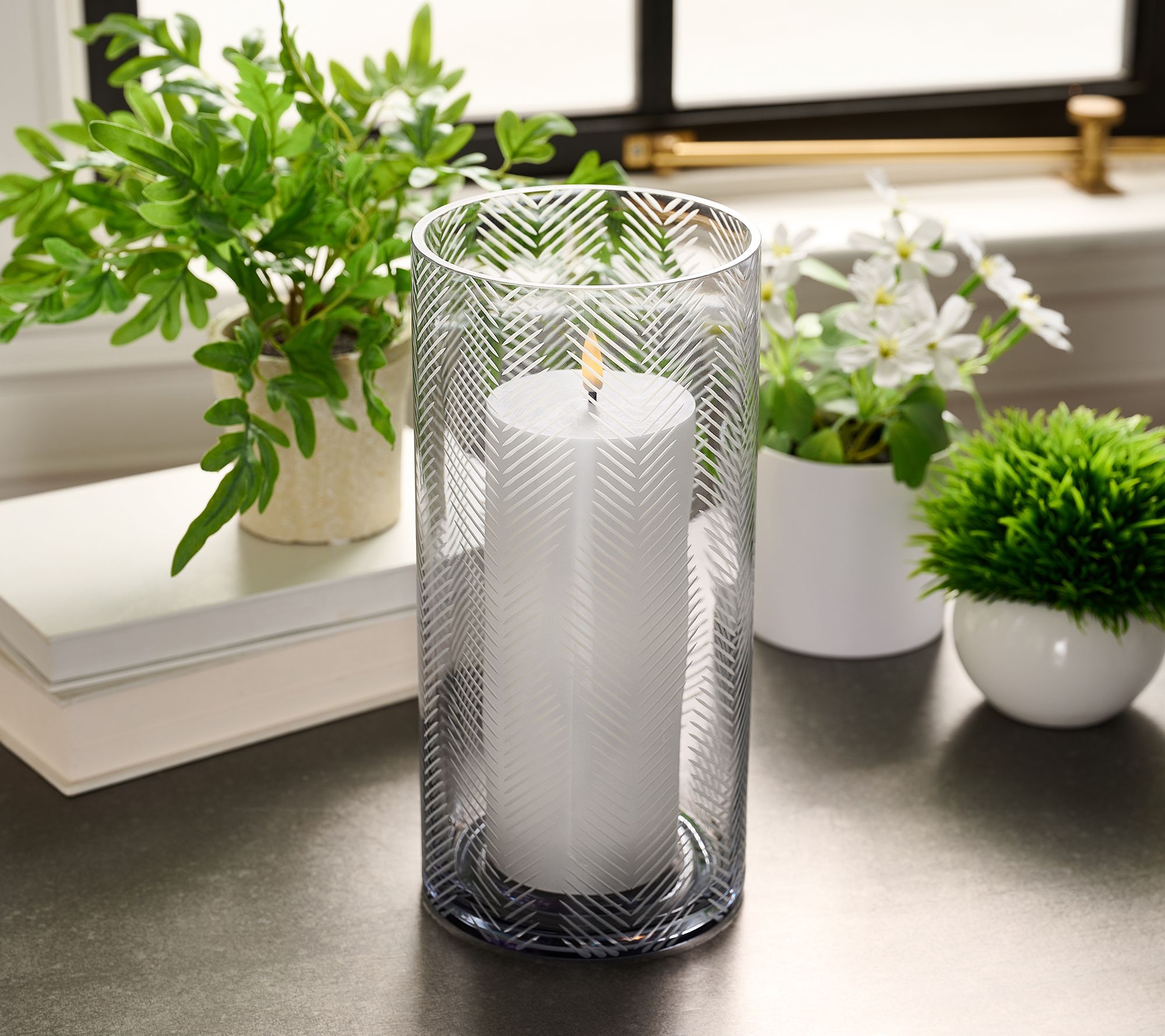 Lightscapes Large Etched Glass Hurricane with Flameless Candle