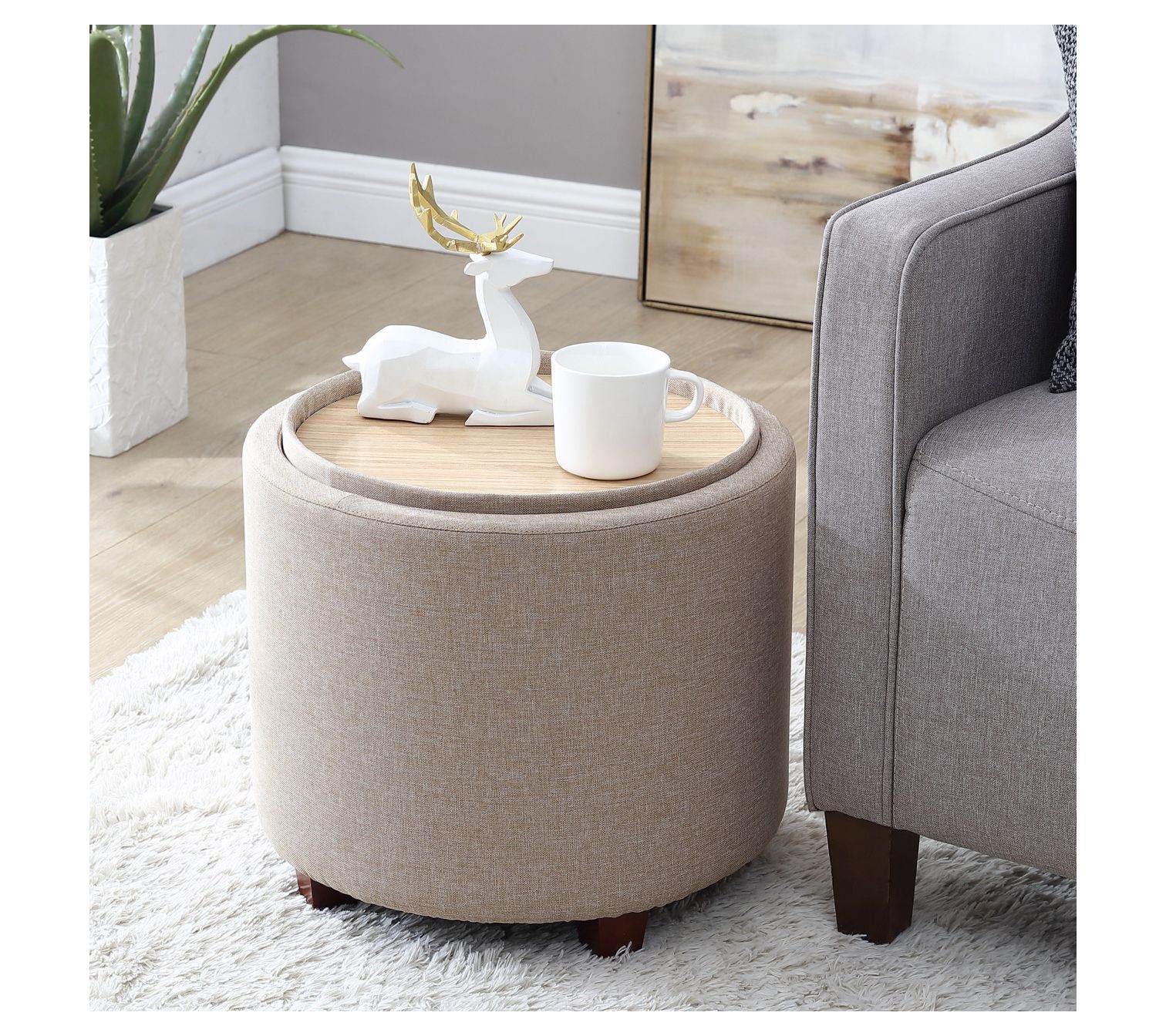 Ornavo Home Lawrence Round Storage Ottoman with Tray Lid