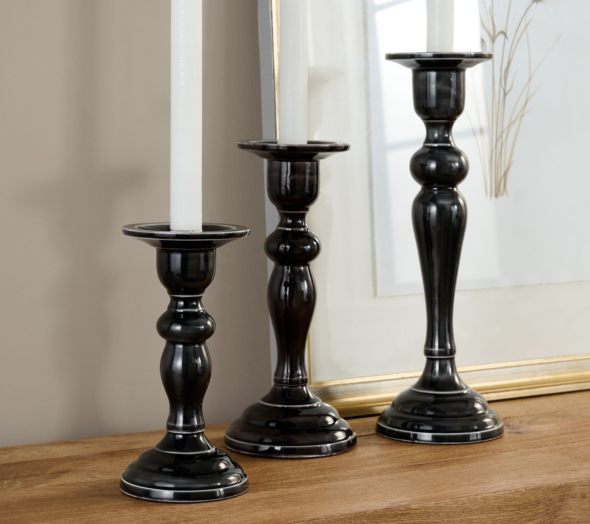 Set of 3 Polished Enamel Pedestal Candle Holders by Valerie