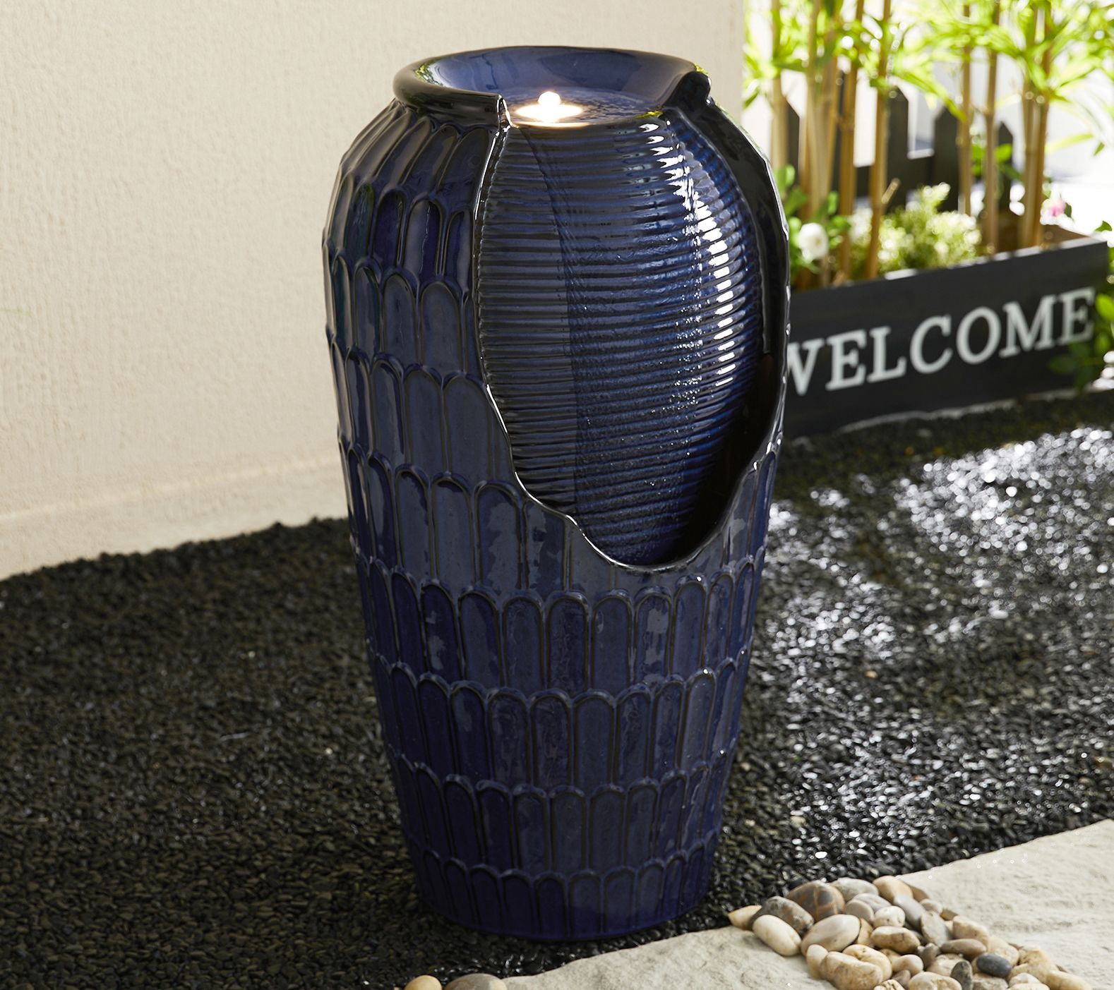 Glitzhome 28" LED Lighted Petals Ceramic Jar Outdoor Fountain