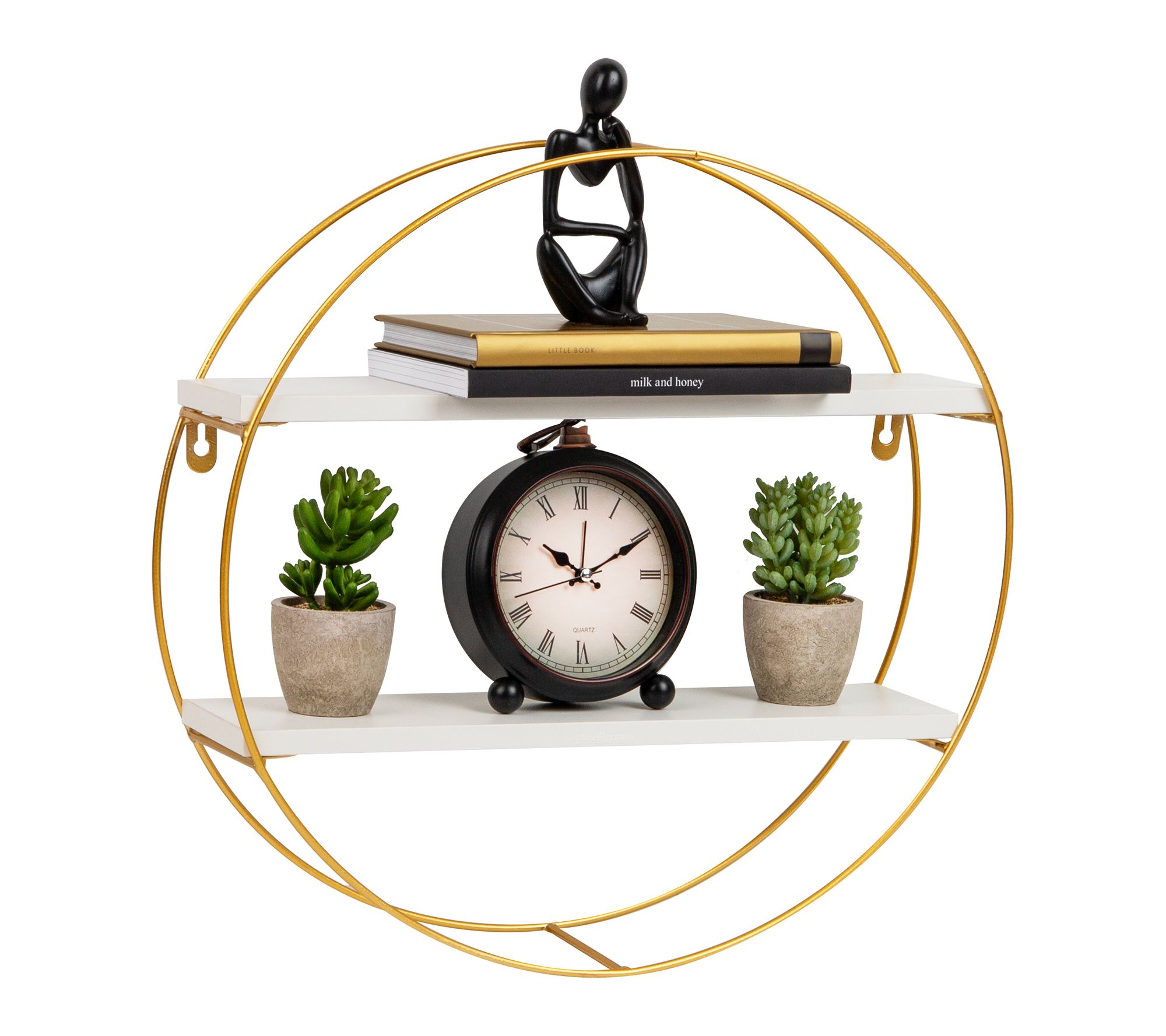 Mind Reader Floating Round Wall Shelves, Gold Metal Frame
