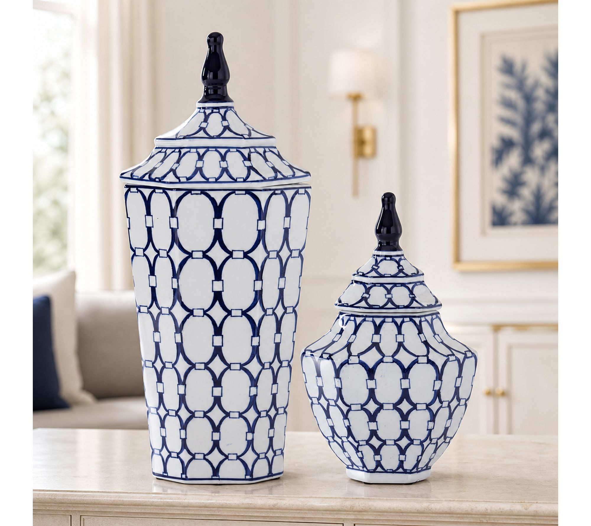 RC Home Decor Set of 2 Blue & White Ginger Jars w/Lids