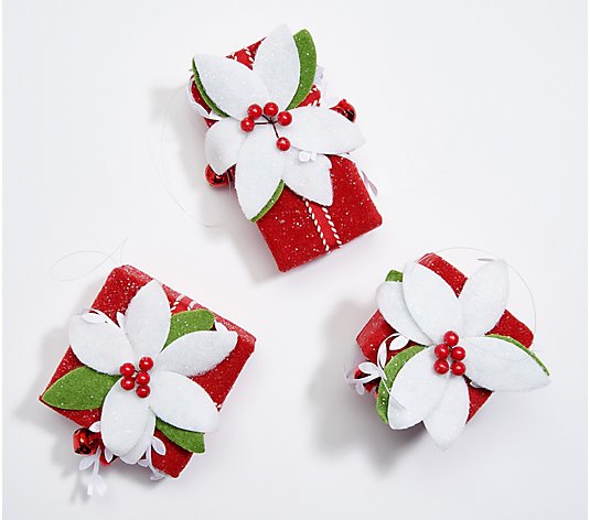 Set of 3 Glistening Gifts with Poinsettias by Valerie