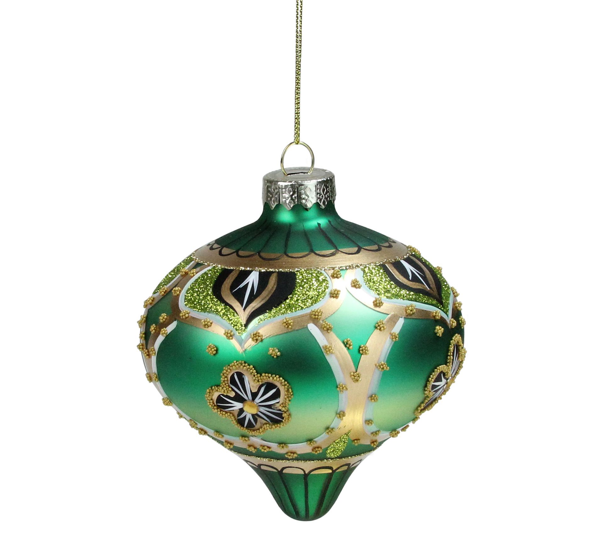 Northlight 4.5" Green/Gold/Black Bead & Jewel Glass Ornament