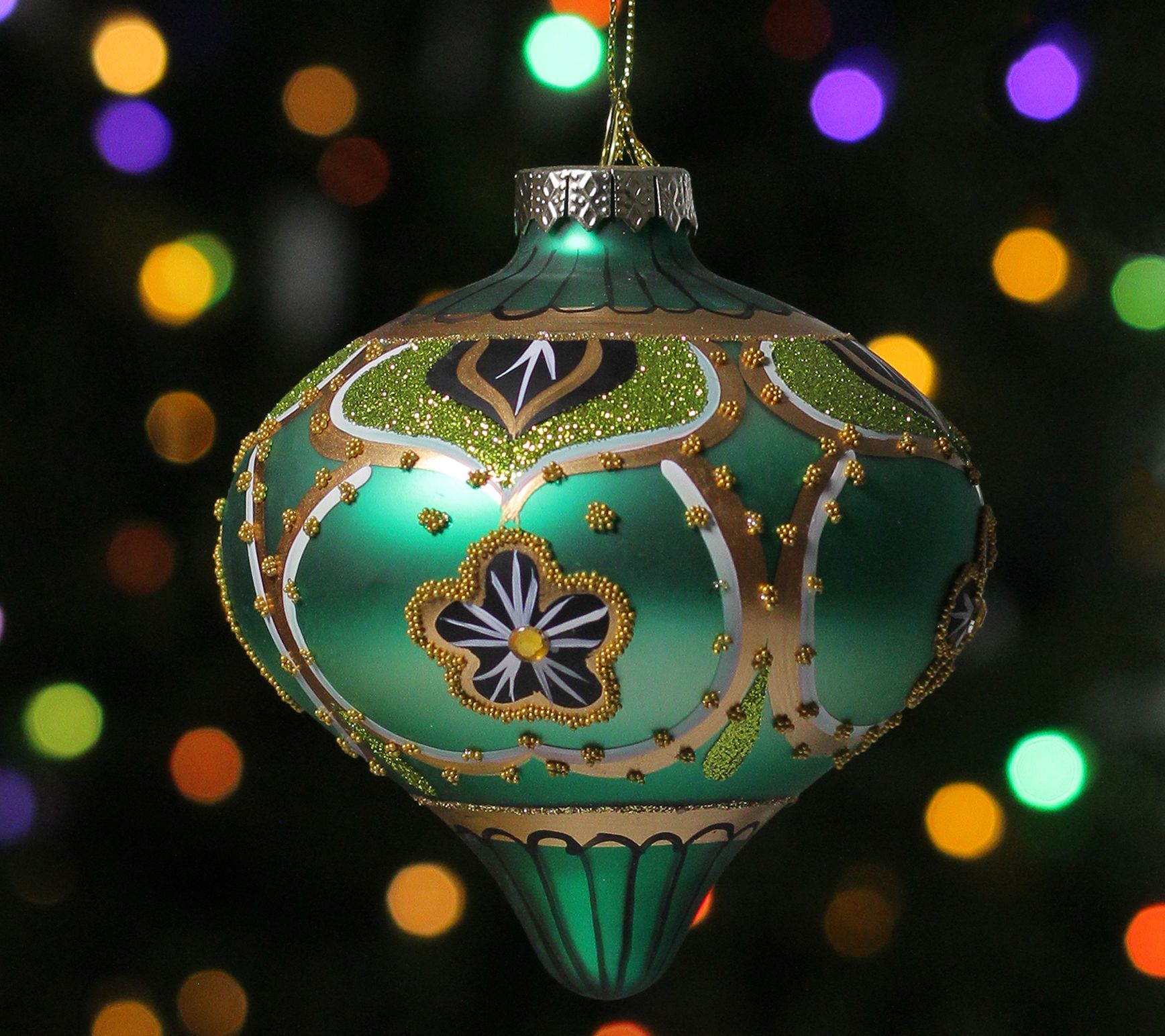 Northlight 4.5" Green/Gold/Black Bead & Jewel Glass Ornament