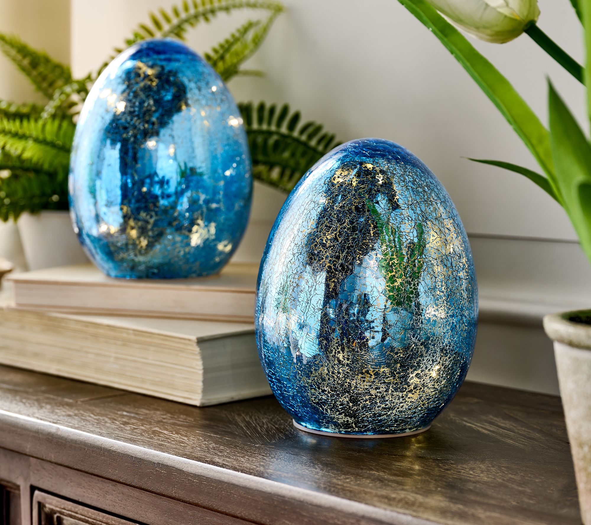 Set of 2 6" Illuminated Crackle Glass Eggs by Valerie