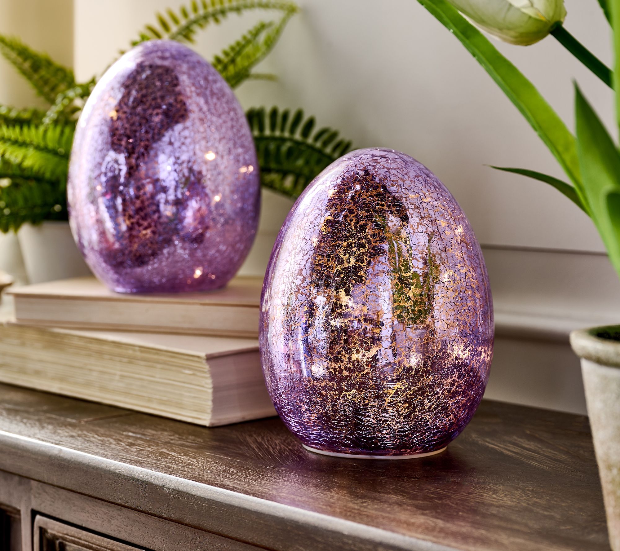 Set of 2 6" Illuminated Crackle Glass Eggs by Valerie