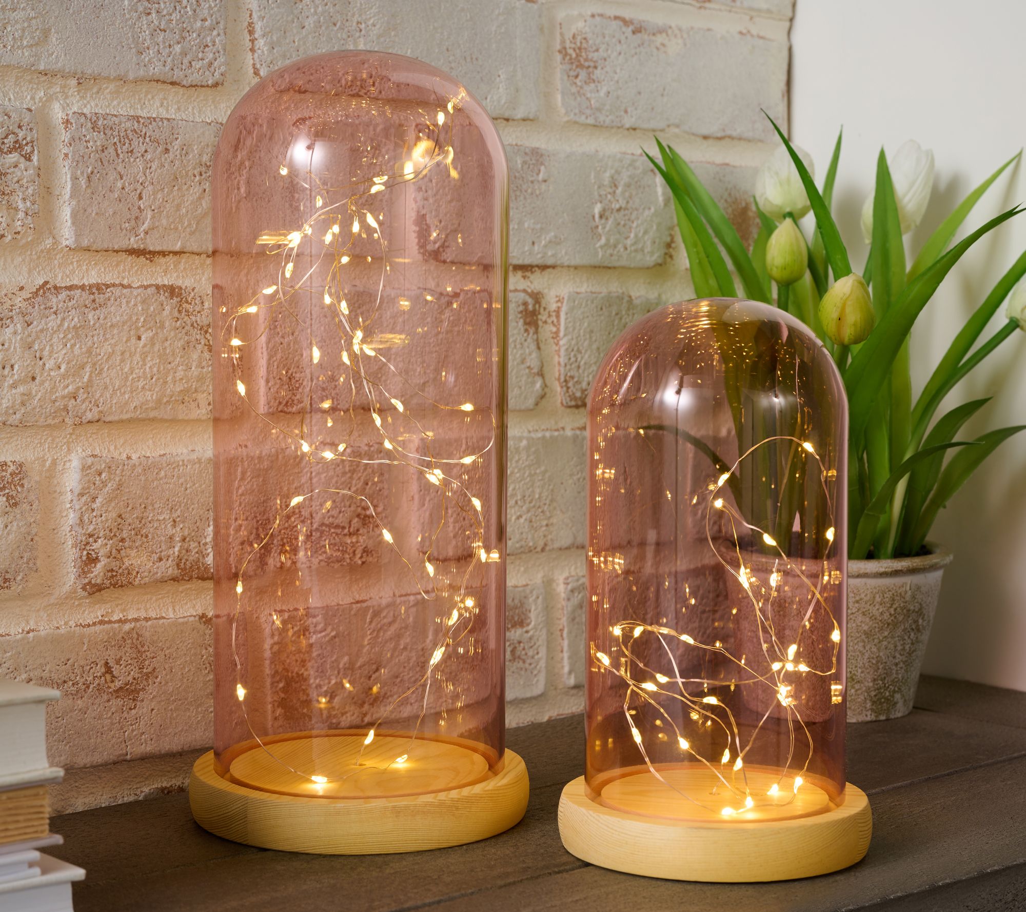 Home Reflections S/2 Colored Glass Cloches w/ Fairy Lights