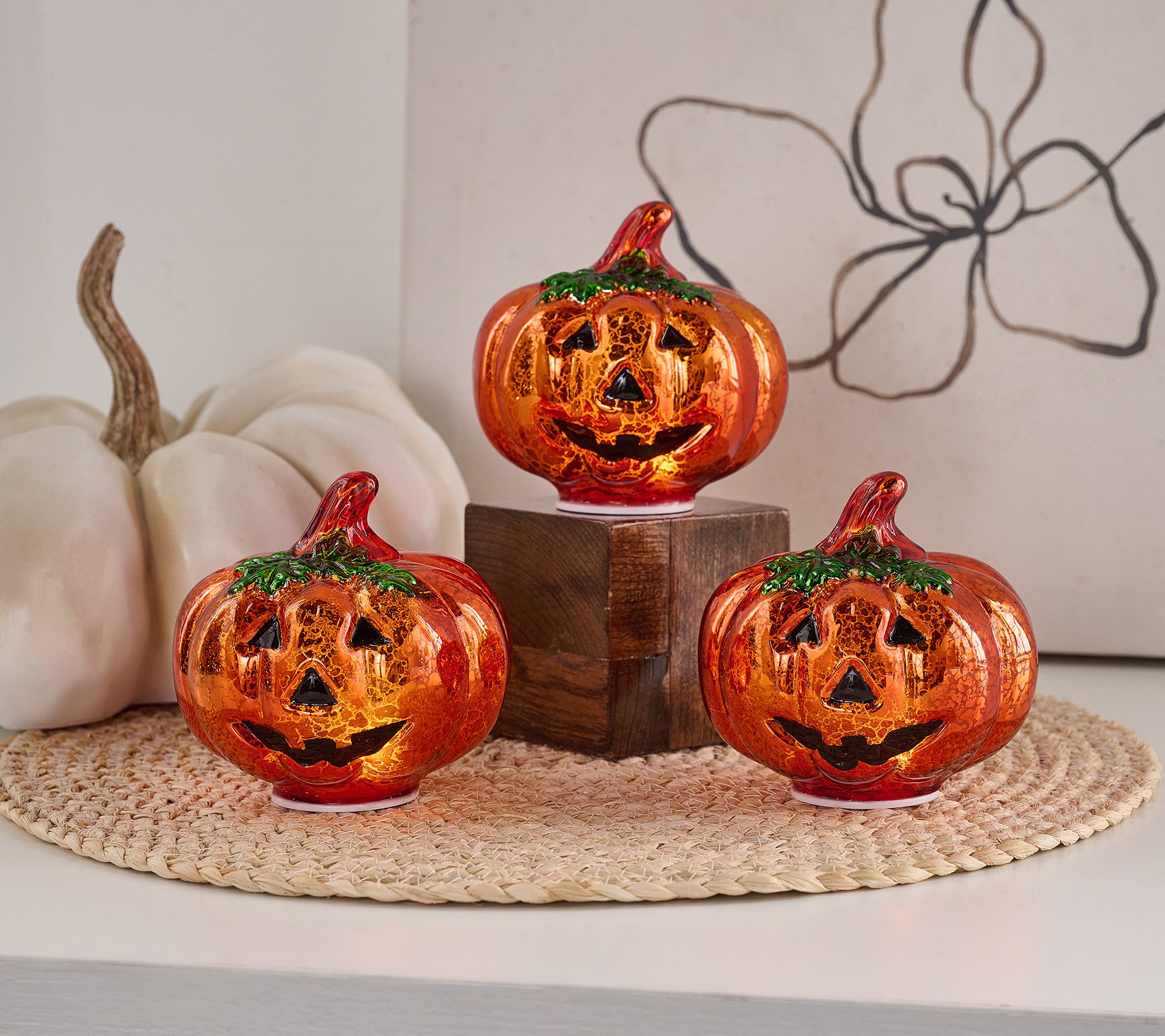 "As Is" Set/3 Illuminated Mercury Glass Jack-O-Lanterns by Valerie