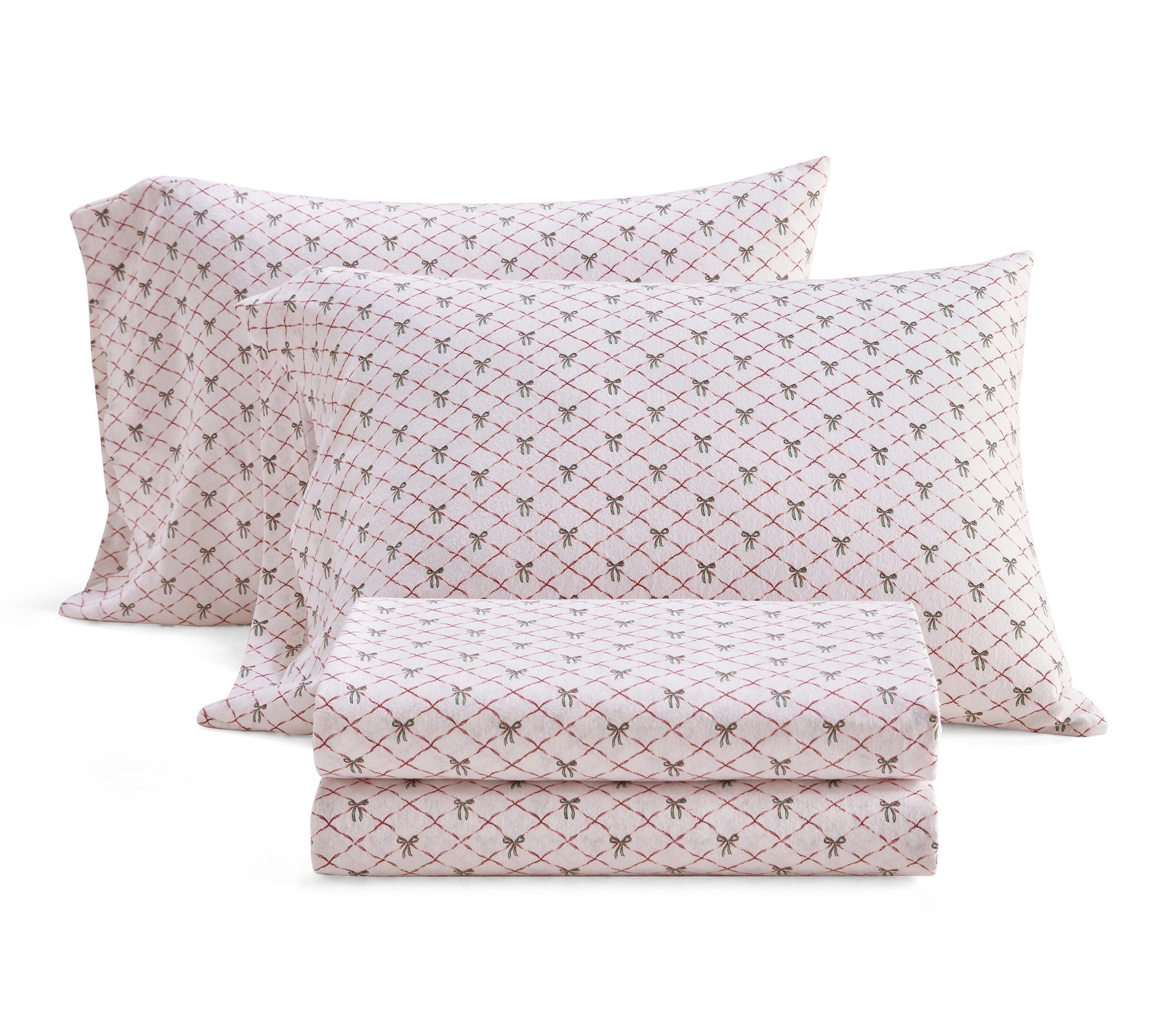 Martha Stewart Holiday Bows White/Red Flannel Queen Sheet Set