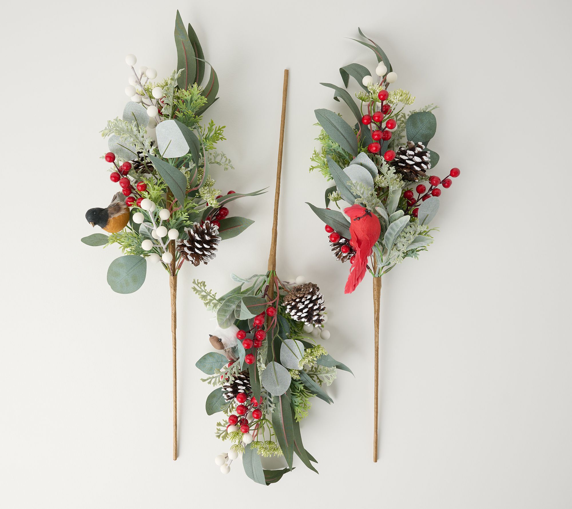 Set of 3 Song Bird Stems with Berries and Pinecones by Valerie