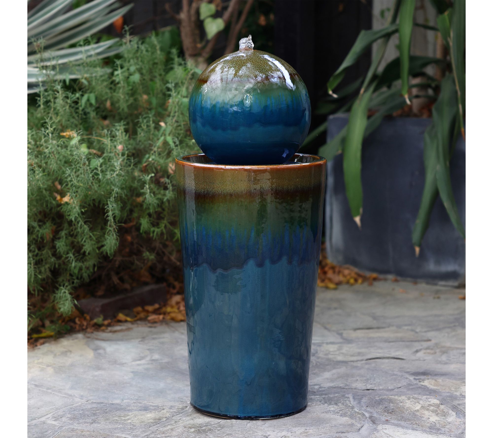 LuxenHome Glazed Sphere on Pillar Bubbler Ceramic Fountain