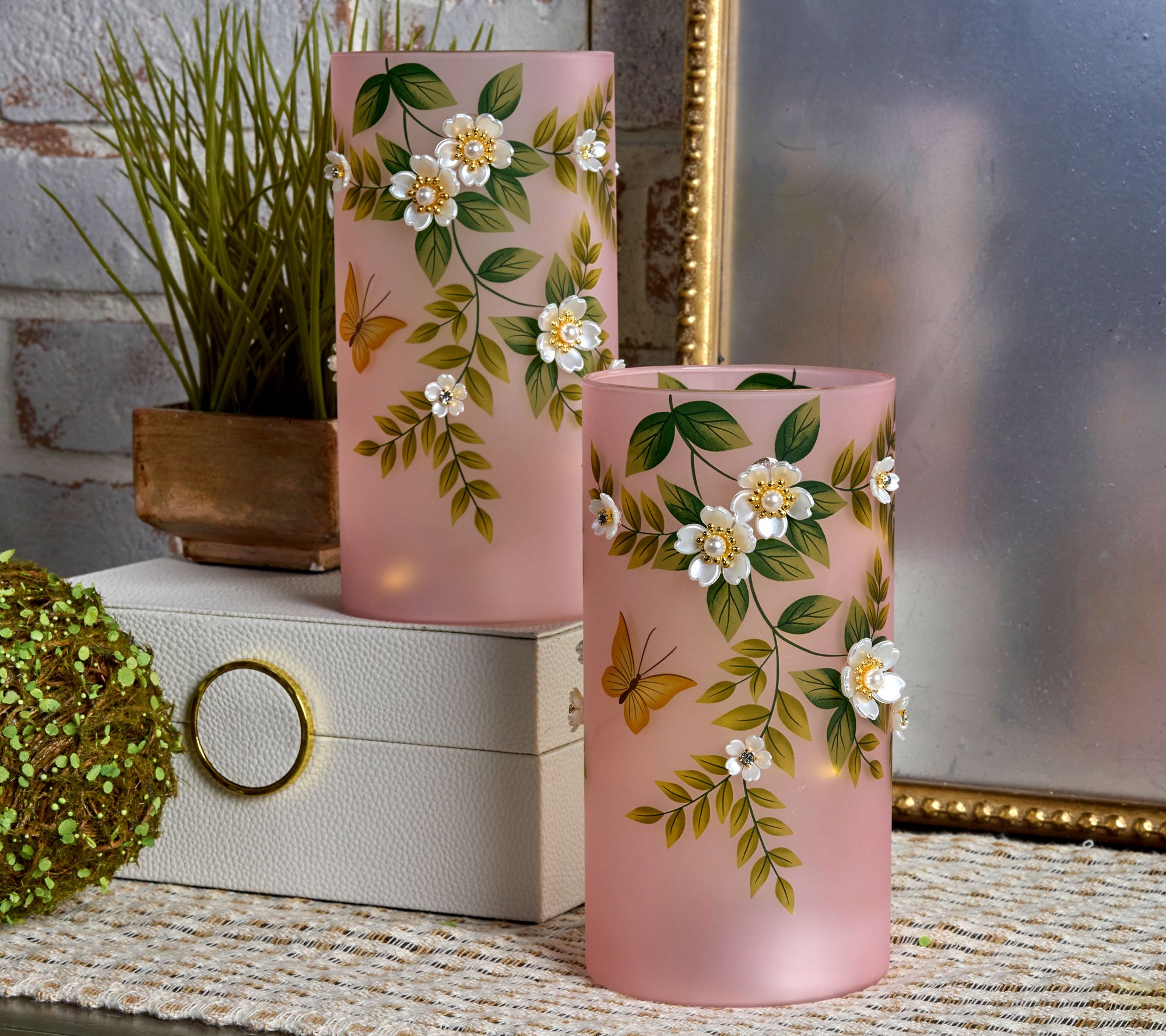 "As Is" Set of (2) 8" Illuminated Hurricanes with Pearl Flowers