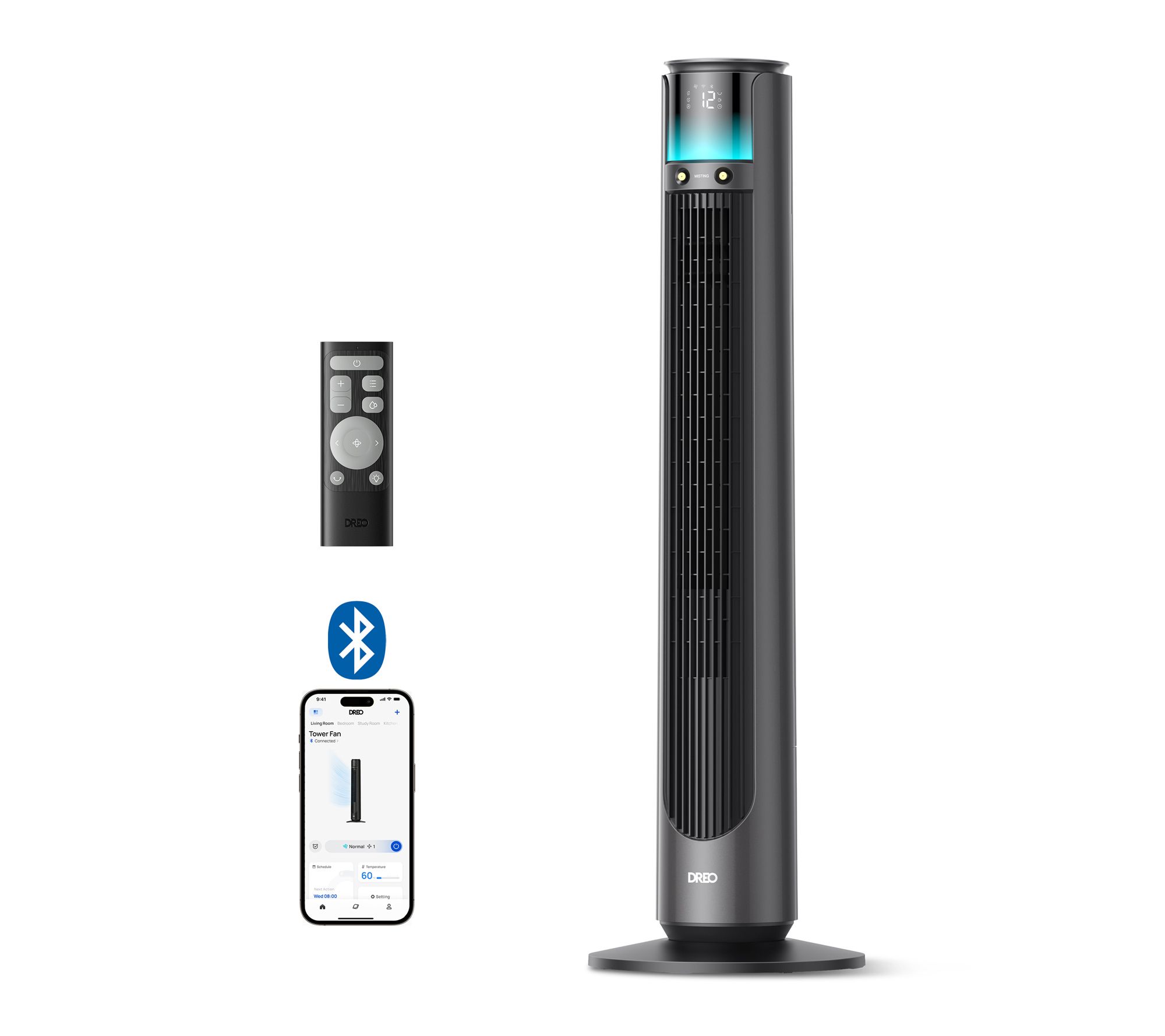 DREO 42 in. 12 Speeds Smart Outdoor Misting Tower Fan in Grey