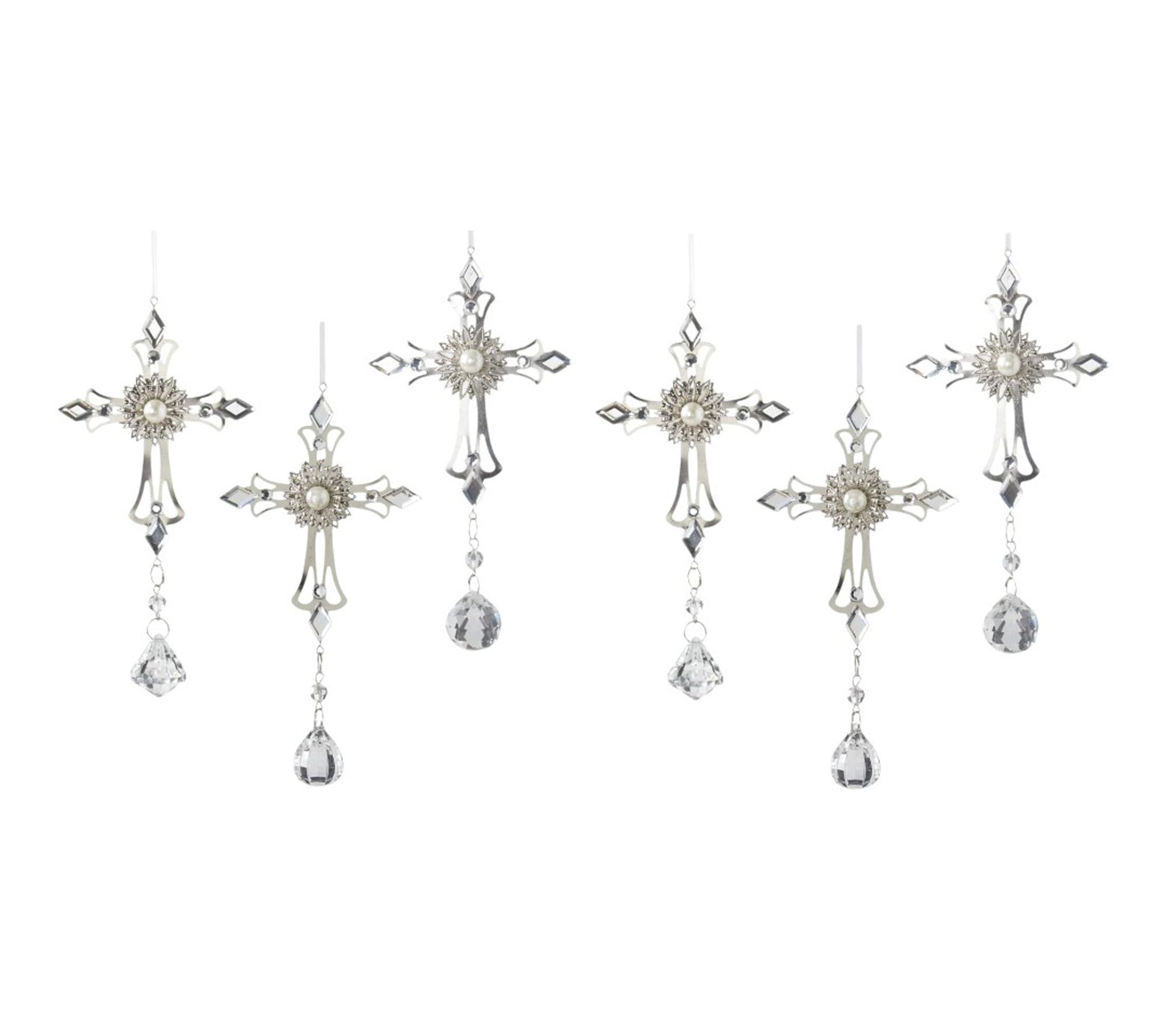 RC Home Decor Set of 6 Silver Cross Ornaments w/Crystal Drop