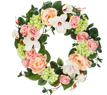 24" Spring Raspberry Rose and Magnolia Wreath by Valerie - H213721